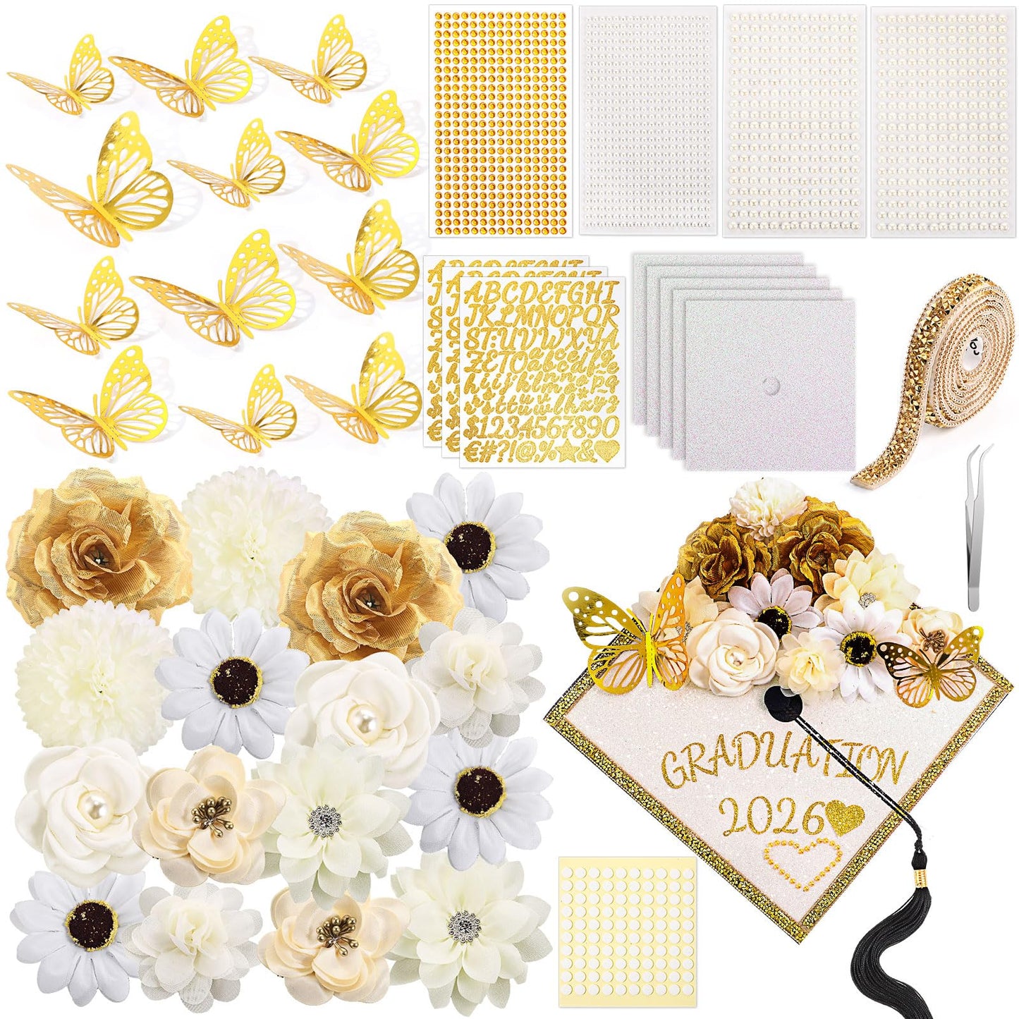 Wavwavw 43 PCS DIY Graduation Cap Decorations Kit, Grad Cap Decorations Included Faux Flowers 3D Butterfly Self Adhesive Rhinestones Stickers Alphabet Letter Stickers for 2026 Grad Party(White)