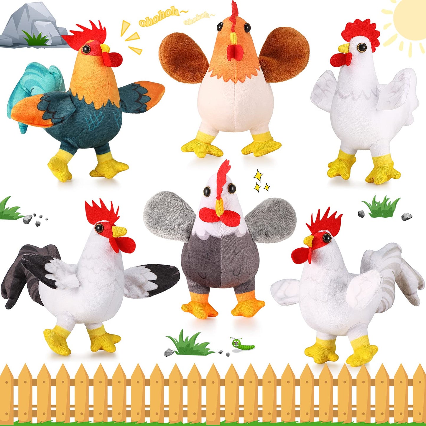 Kasyat 6 Pieces Mini Plush Furry Farm Animal Toys Soft Horse Pig Cattle Rabbit Dog Sheep Doll Stuffed Plush Farm Animals for Birthday Party Decoration(Chicken and Rooster)