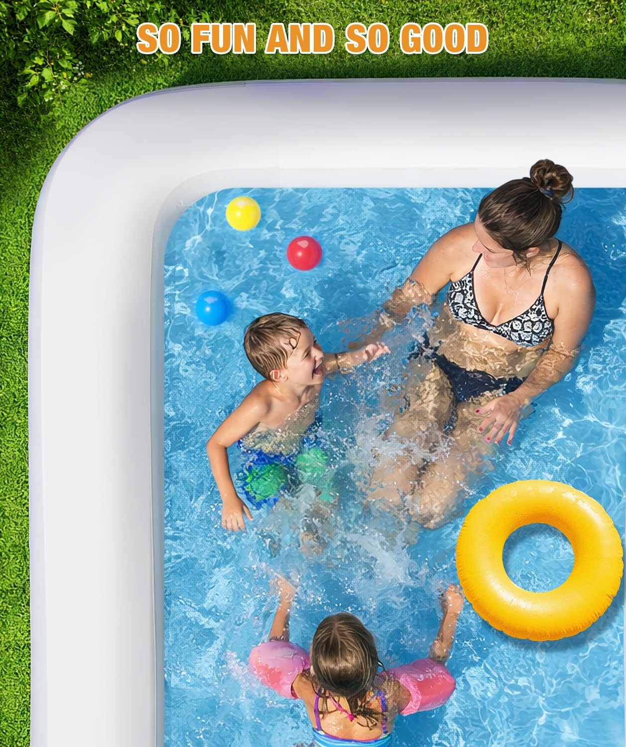 Extra Large Inflatable Pool with Lights - 145" x 74" x 22" Swimming Pool for Adults with Solar Powered, Blow Up Pool for Backyard (Air Pump Not Included)
