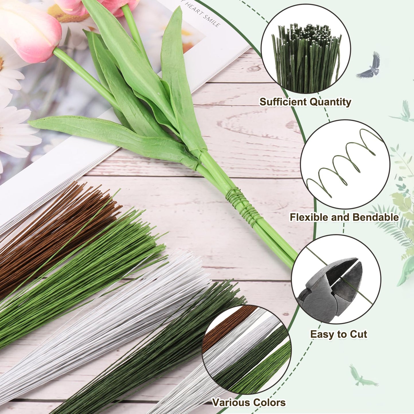 PATIKIL 200 Pcs 28 Gauge Floral Wire, 14 Inch Floral Stem Wire Flower Paper Wrapped Wires for Flower Crafts Bouquet Arrangement Supplies Wreath DIY Projects, Brown/Light Green