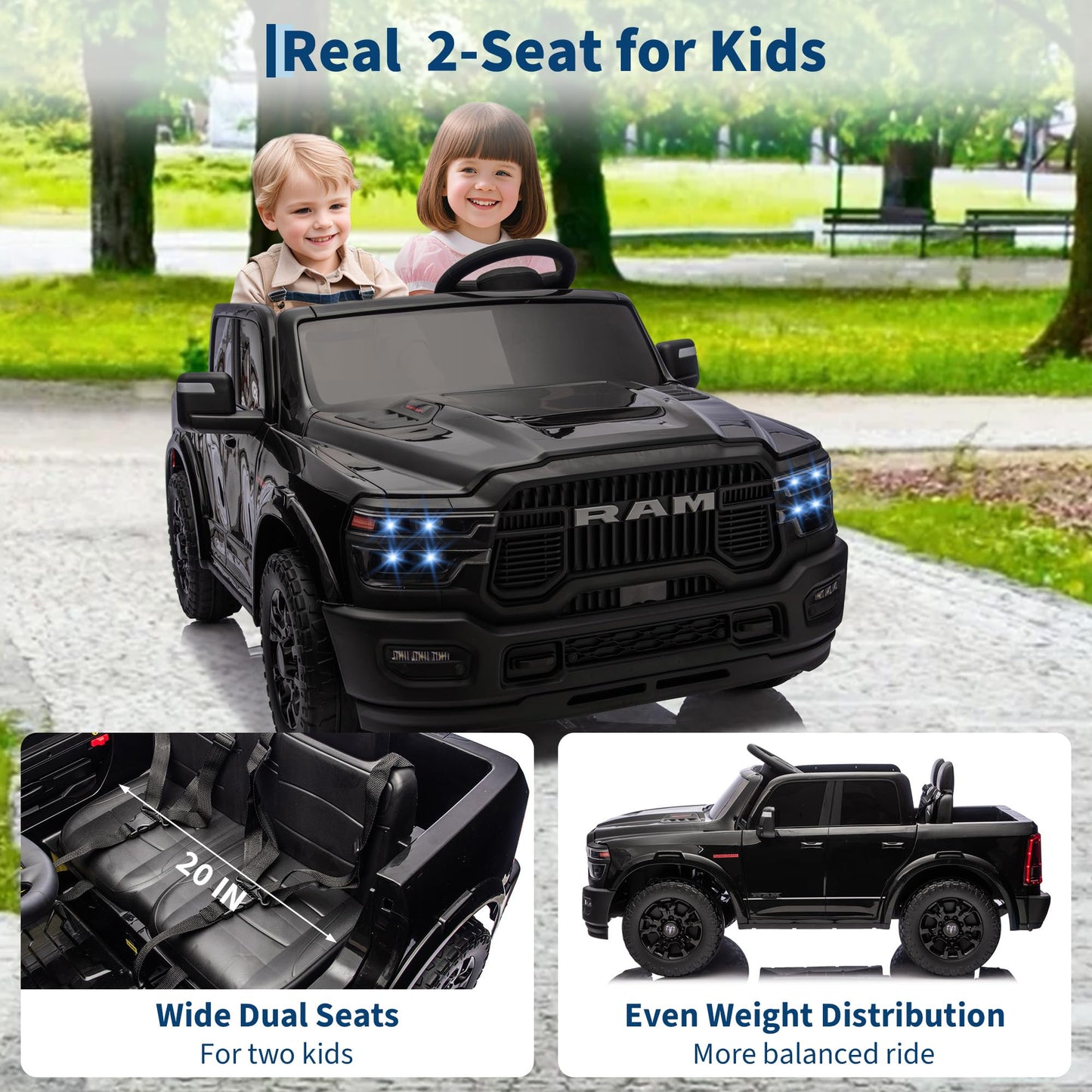 GarveeLife 24V Ride on Toys Licensed RAM 2500, 2 Seater Ride on Truck w/Remote Control, Spacious Truck Bed, 3 Speed, LED Lights, Suspension, Birthday Xmas Gifts for Boys Girls