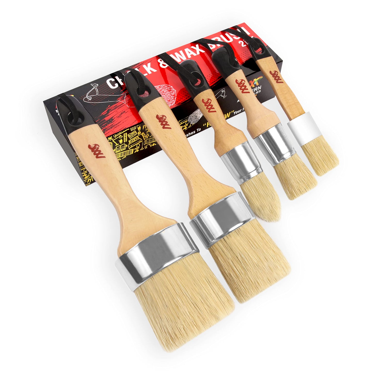 Chalk Paint Brushes for Furniture 5-Piece Set, Natural Bristle Round & Oval - 3 Small & 2 Large Wax Brushes (1-2.5"), for Painting, Stenciling, Waxing, Works with All Chalk Paints, Annie Sloan & Waxes