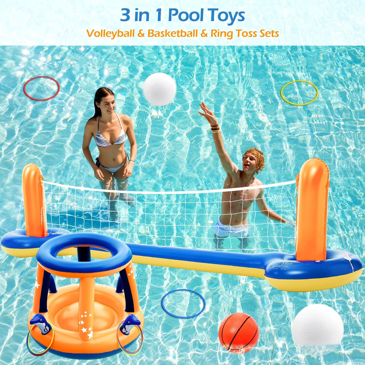 Jasonwell Pool Toys Games Set - 3 in 1 Pool Volleyball Net Basketball Hoop Ring Toss Game Inflatable Floats Water Floating Volleyball Swimming Pools Games Party Gift for Kids Adults (Orange&Blue, XL)
