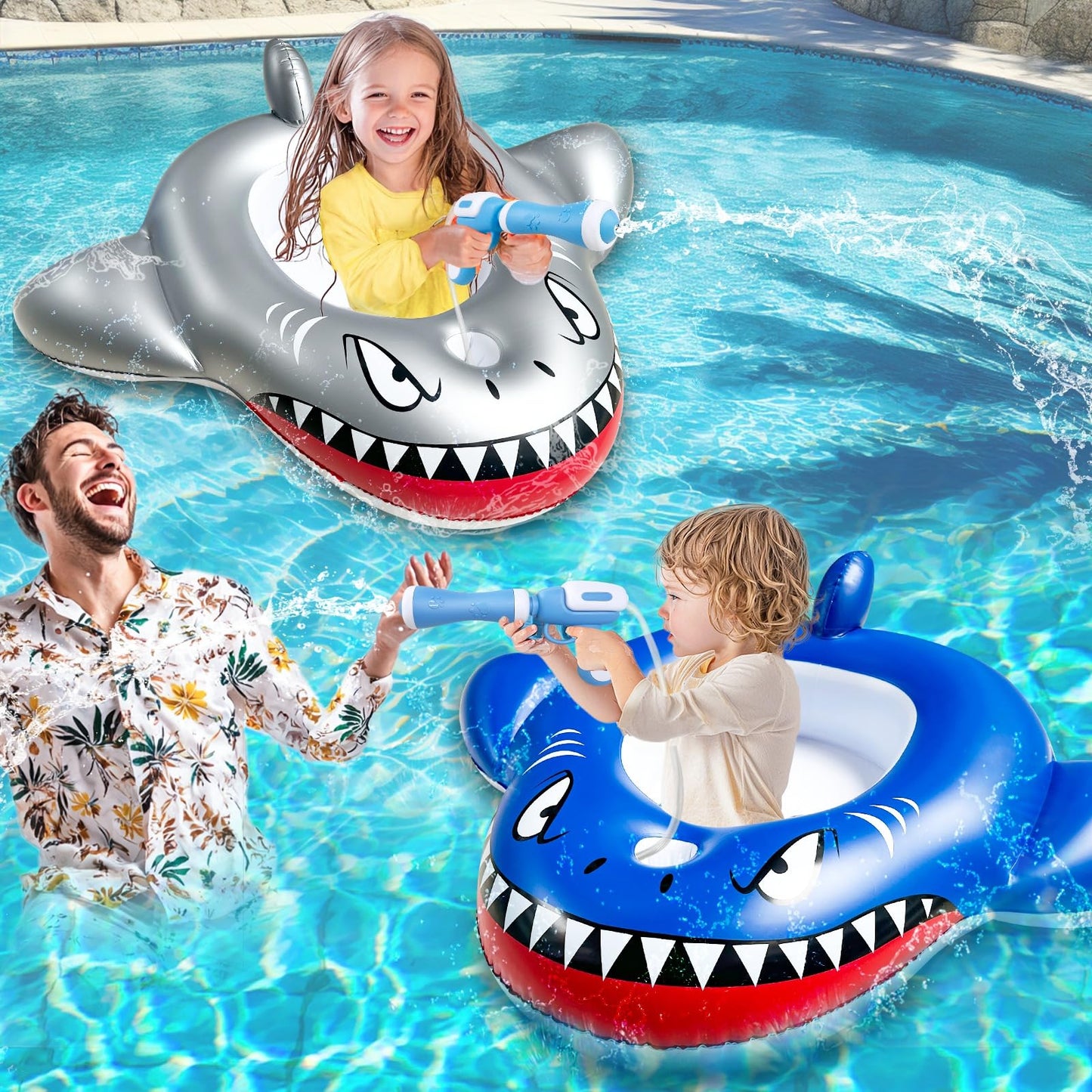 2 Pack Inflatable Shark Pool Floats Kids 3-11 Years, Kids Floaties Swimming Pool Toys with 2 Water Squirt Guns Boys Girls Party Float Ride-on Toddler Floatie with Safety Seat Summer Outdoor Water Game