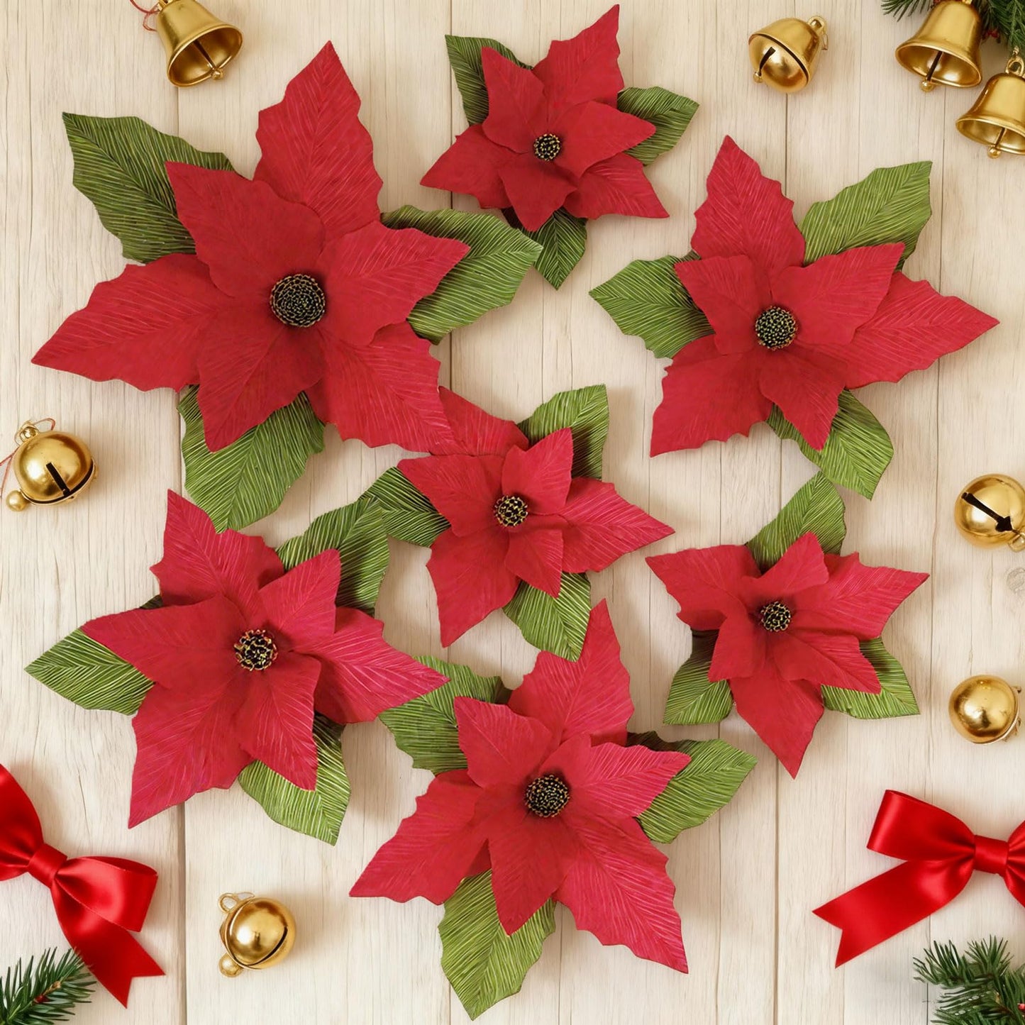 Handmade Poinsettia Christmas Flowers Decoration, Crepe Paper Poinsettia Flower with Clips Christmas Tree Artificial Flower Decorations with Stems for DIY Xmas Wreath Holiday Party Home Wall Decor