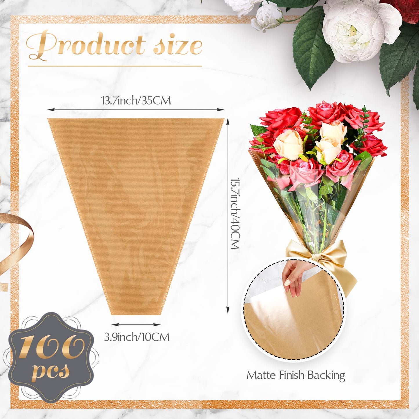 Sabary 100 Pcs Flower Bouquet Wrapping Paper Flower Rose Sleeves Bulk Floral Bags for Valentine Bridal Shower Wedding Anniversary Birthday Mother's Day(15.8" x 13.8")