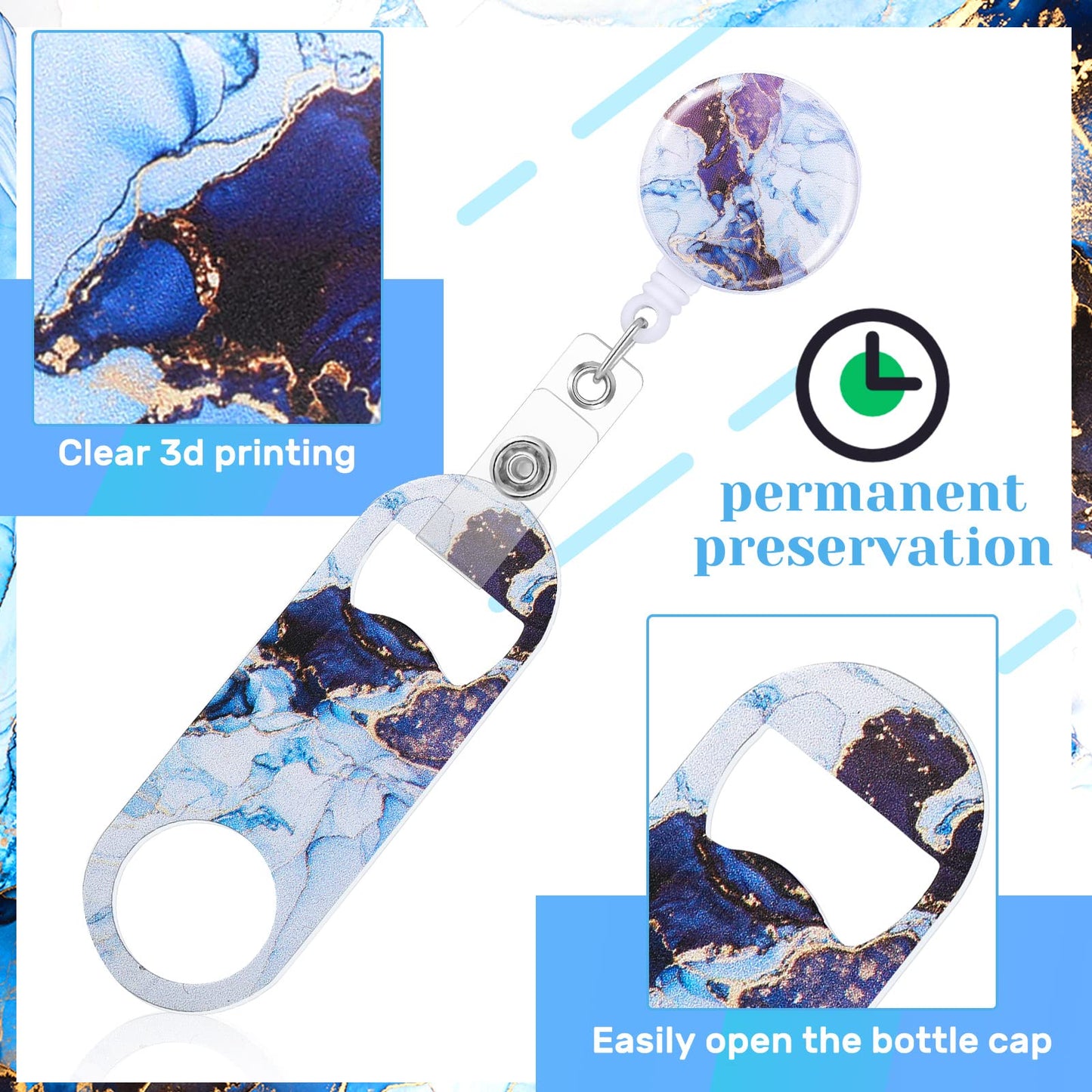 Irenare 6 Pcs Flat Bottle Openers Retractable Bar Keys for Bartenders Stainless Steel Beer Bottle Opener with Belt Clip and Round Badge Reel Bartender Gifts for Women Men(Marble Style)