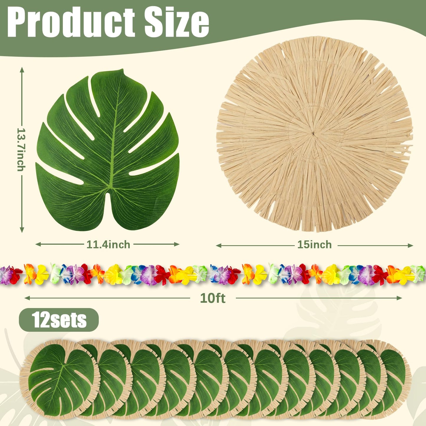 38PCS Hawaiian Tropical Party Decorations, Luau Placemats and Palm Placemat, Round Luau Fringe Place Mats Hibiscus Flower Simulation Artificial Leaf Birthday Party Supplies Table Decor