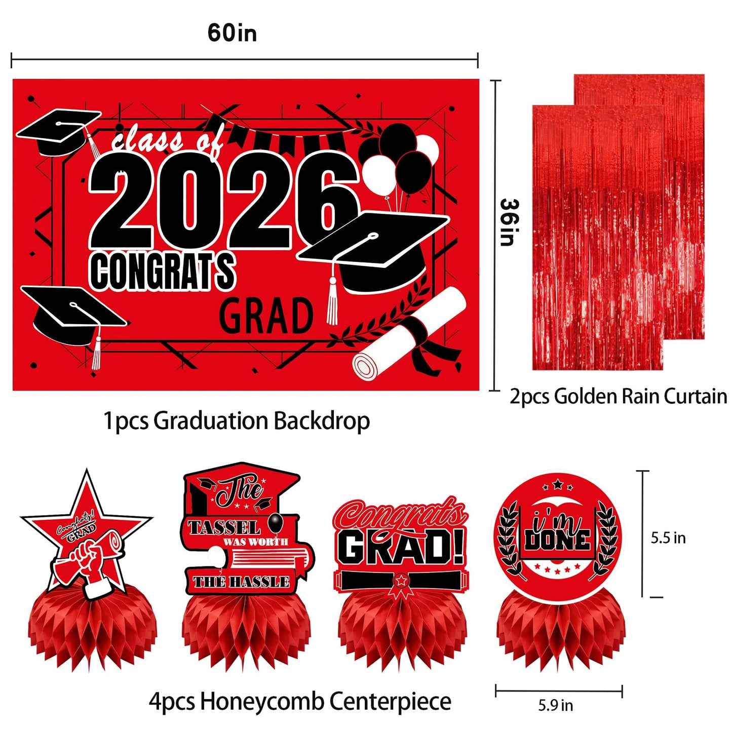 Graduation Party Decorations 2026–Black Red Grad Banner, Class of Backdrop, Balloons, Fringe Curtains and Foil Balloon, Streamers Kit–Complete Graduation for High School & College Celebrations (Red)