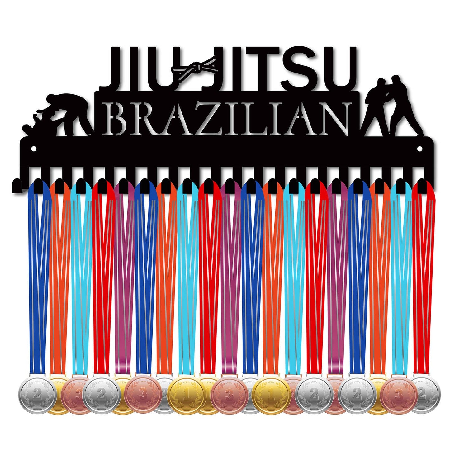 CREATCABIN Jiu Jitsu Brazilian Medal Holder Competition Medal Hanger Display Rack Sports Metal Hanging Athlete Awards Iron Wall Mount Decor with 20 Hooks for Race Medalist Ribbon Black 15.7x5.4in