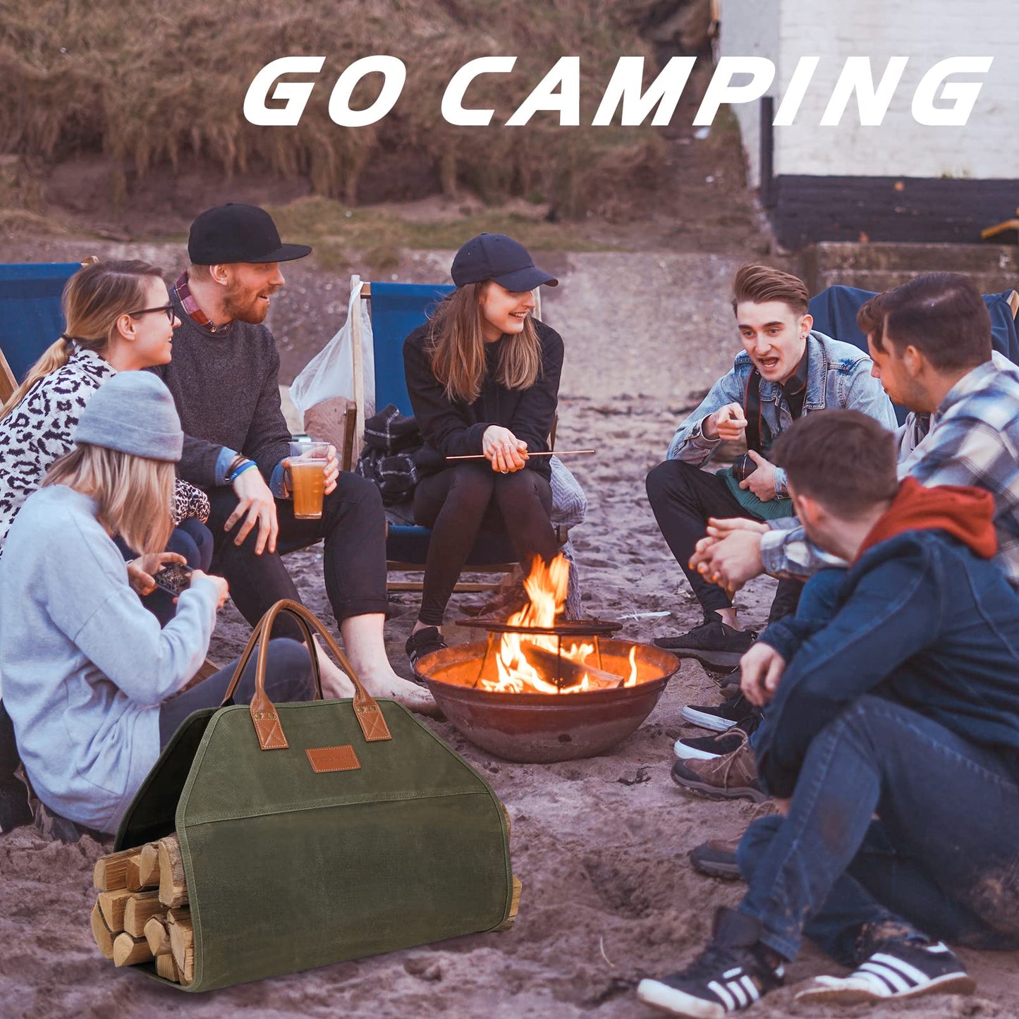 GOOD GAIN Firewood Carrier Waxed Canvas with Handles, Wood Carrier for Firewood, 36x18.5 Inch Heavy Duty Firewood Storage Tote, Fireplace Log Carrier Indoor Bag, Wood Stove Accessories. Green