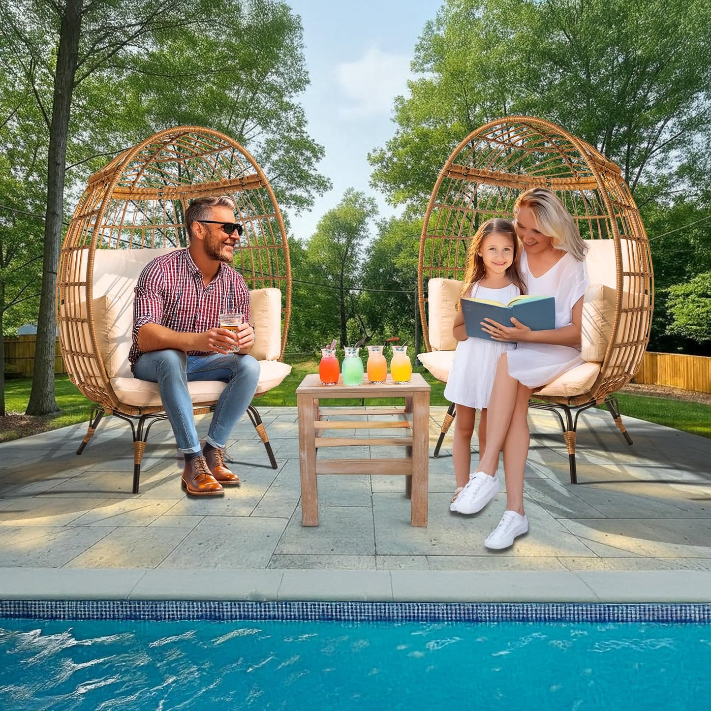 Maple99 Wicker Egg Chair Outdoor - Patio Chair, Rattan Chair, Wicker Chair PE Rattan Perfect for Backyard Lounger, & Balcony, Garden, Indoor, Steel Frame, Ivory,