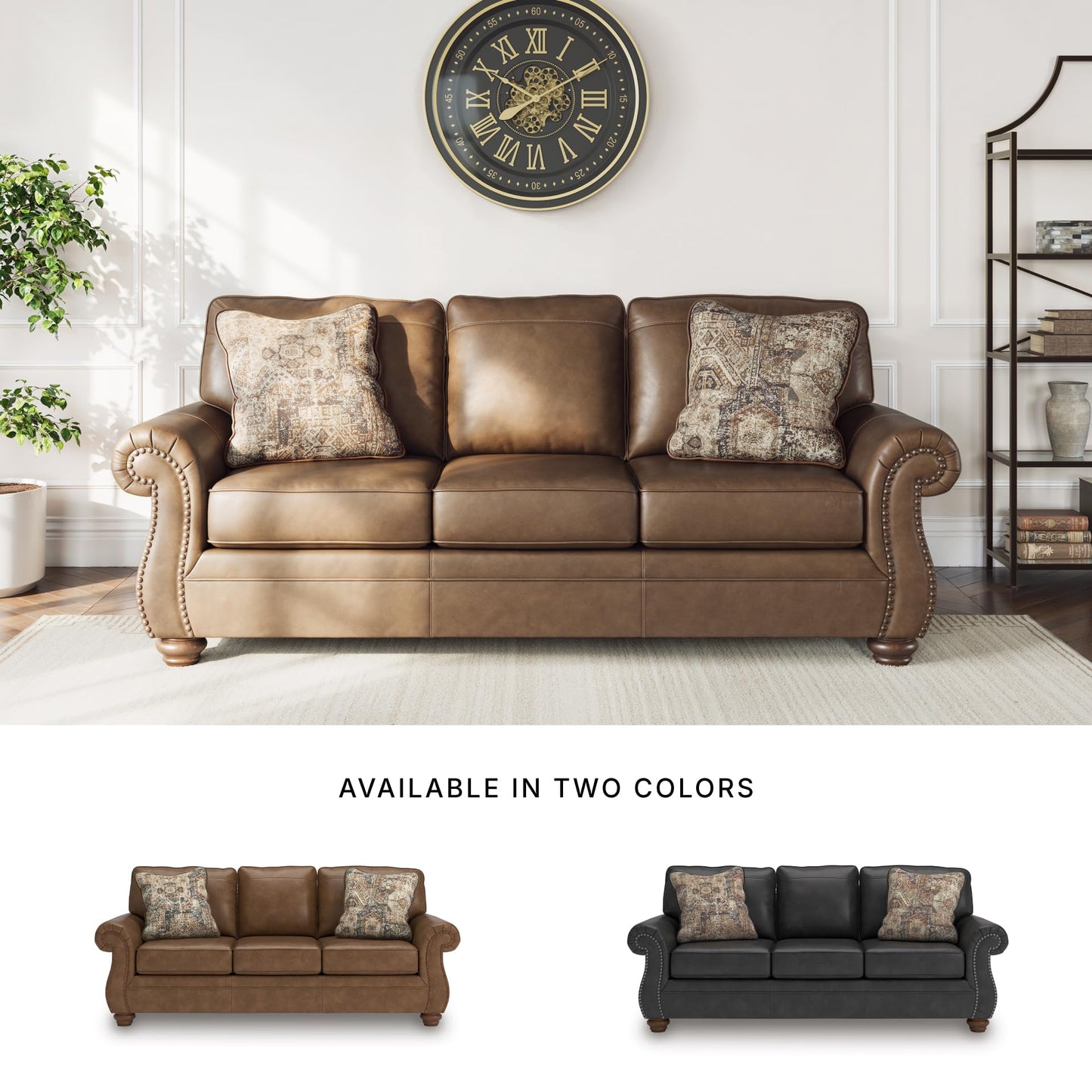 Signature Design by Ashley Shadsburne Rustic Faux Leather Sofa with Nailhead Trim and 2 Throw Pillows, Brown