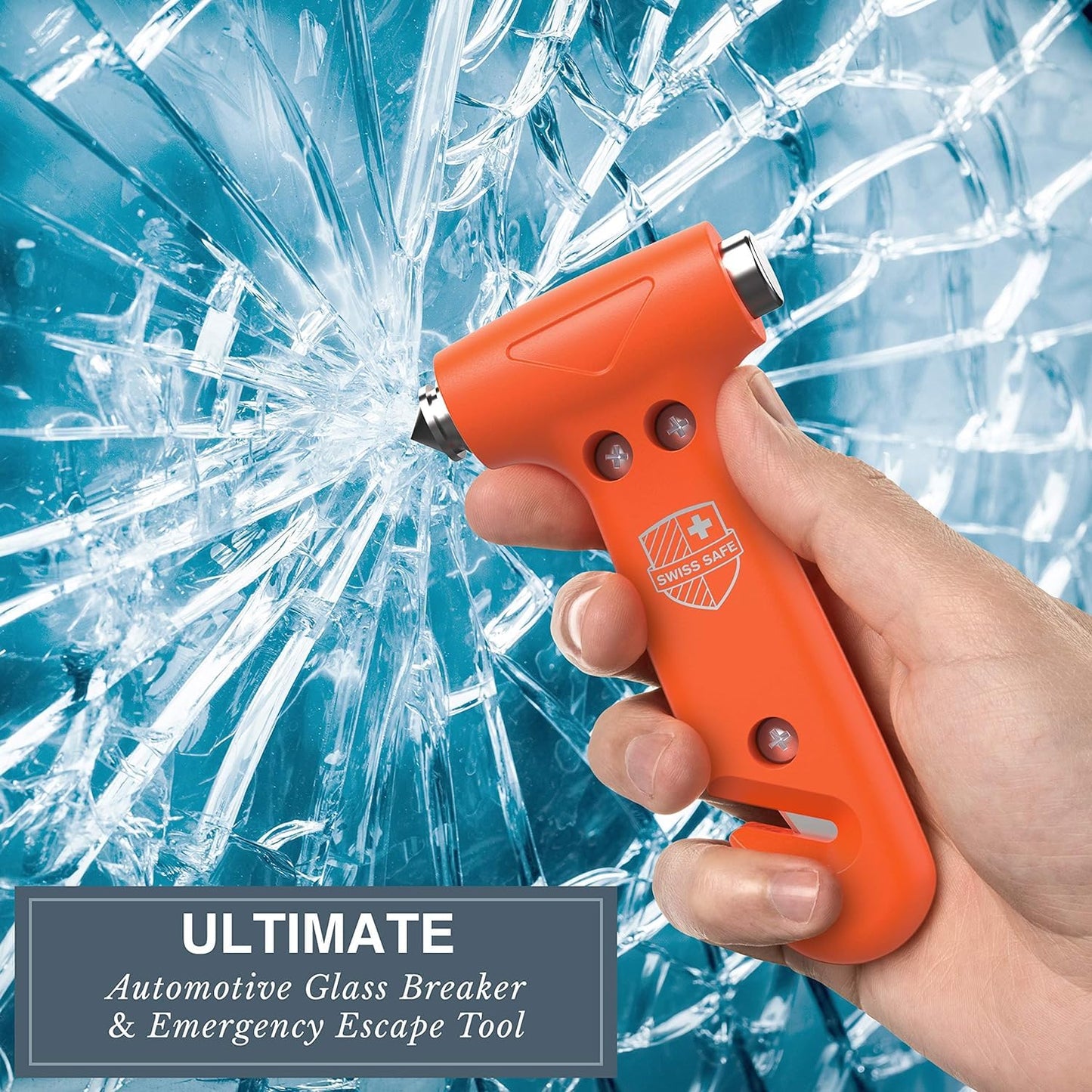 Swiss Safe Durable 5-1 Car Safety Hammer Window Breaker Breaker Tool w/Seatbelt Cutter - Emergency Escape Glass Hammer - Truck, Car Safety Essentials & Accessories - Orange, 2 Pack