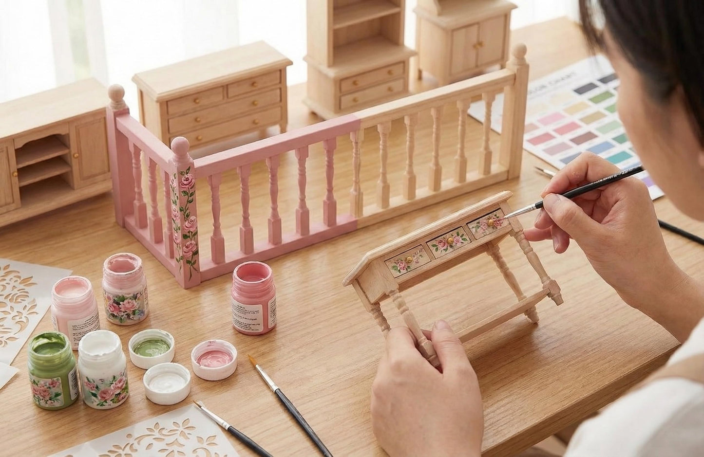 2PCS Dollhouse Railing Miniature Furniture - 1:12 Scale Wooden Stair woodHandrail Kit for DIY Fairy Doll House Accessories Victorian Dollhouse Micro Handrail