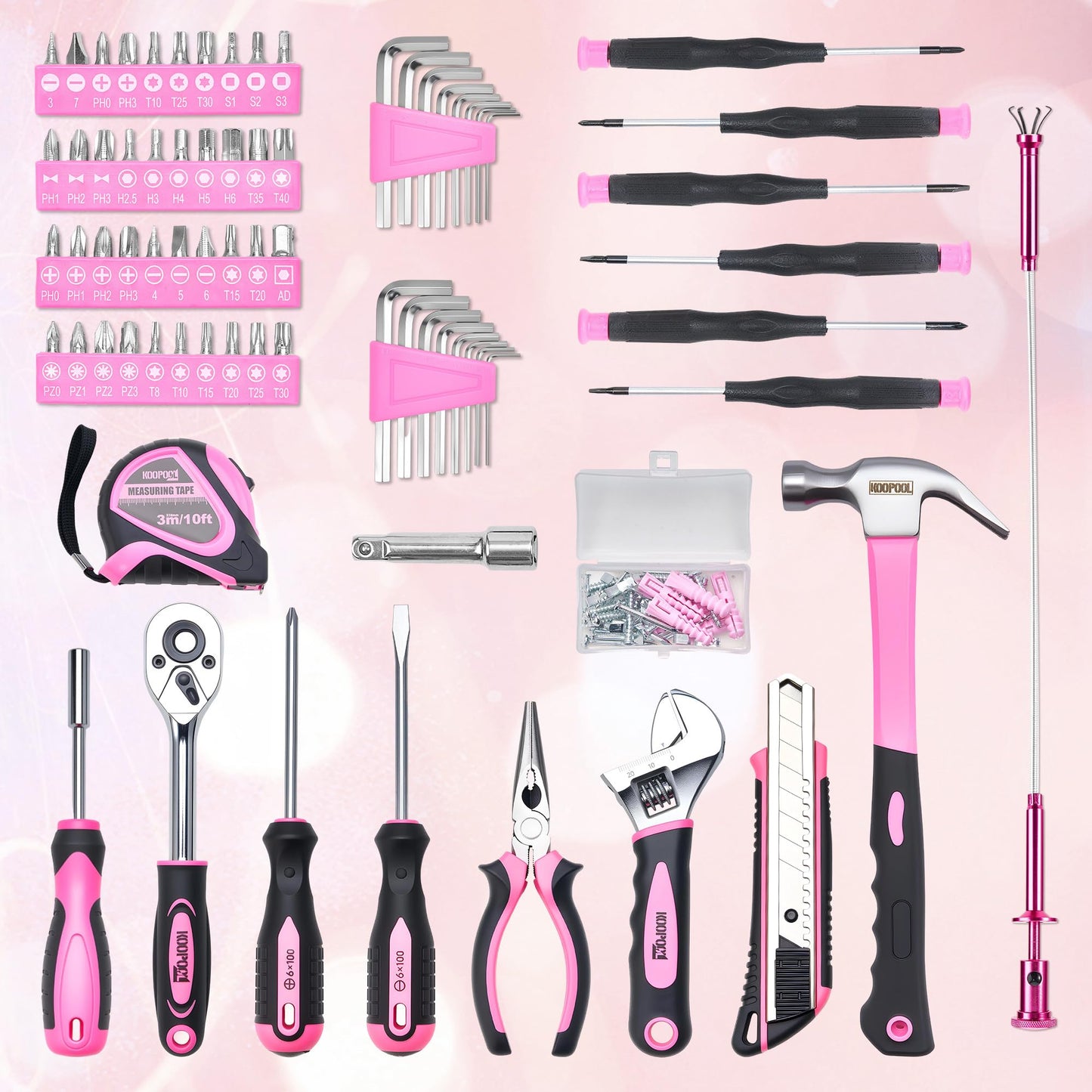 KOOPOOL 159 Piece Pink Tool Set, Tool Kit for Women, General Household pink tool kit for Home Auto Repair, Basic Mechanic Tool Box, with Storage Case