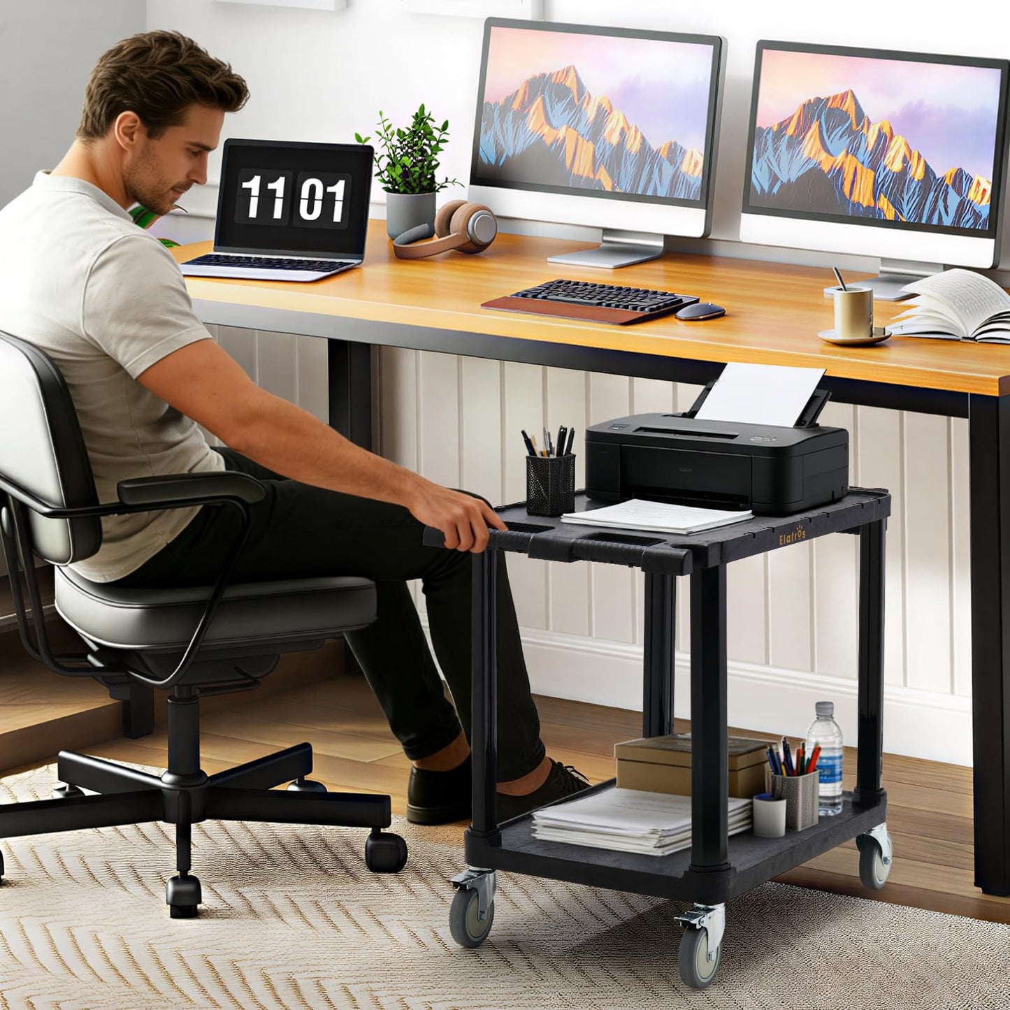 ELAFROS 2-Tier Low Profile Utility Cart, 27.8" x 18" x 26", Deep Shelves, 4” Swivel Wheels with 2 Lockable, Holds up to 330 lbs – Compact Rolling Storage & Service Cart for Office, Home, Garage