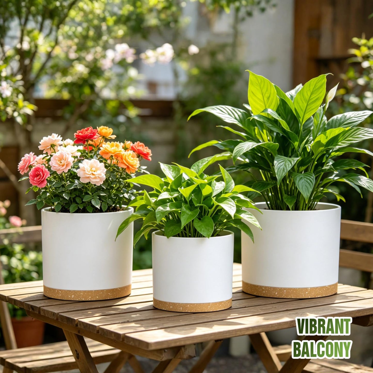Areutxbis 10/9/8 Inch Large Plant Pots with Drainage Holes and Trays, 3 Pack Modern Minimalist Cylinder Planters for Monstera, Snake Plant, Indoor Outdoor (Matte White & Brown)