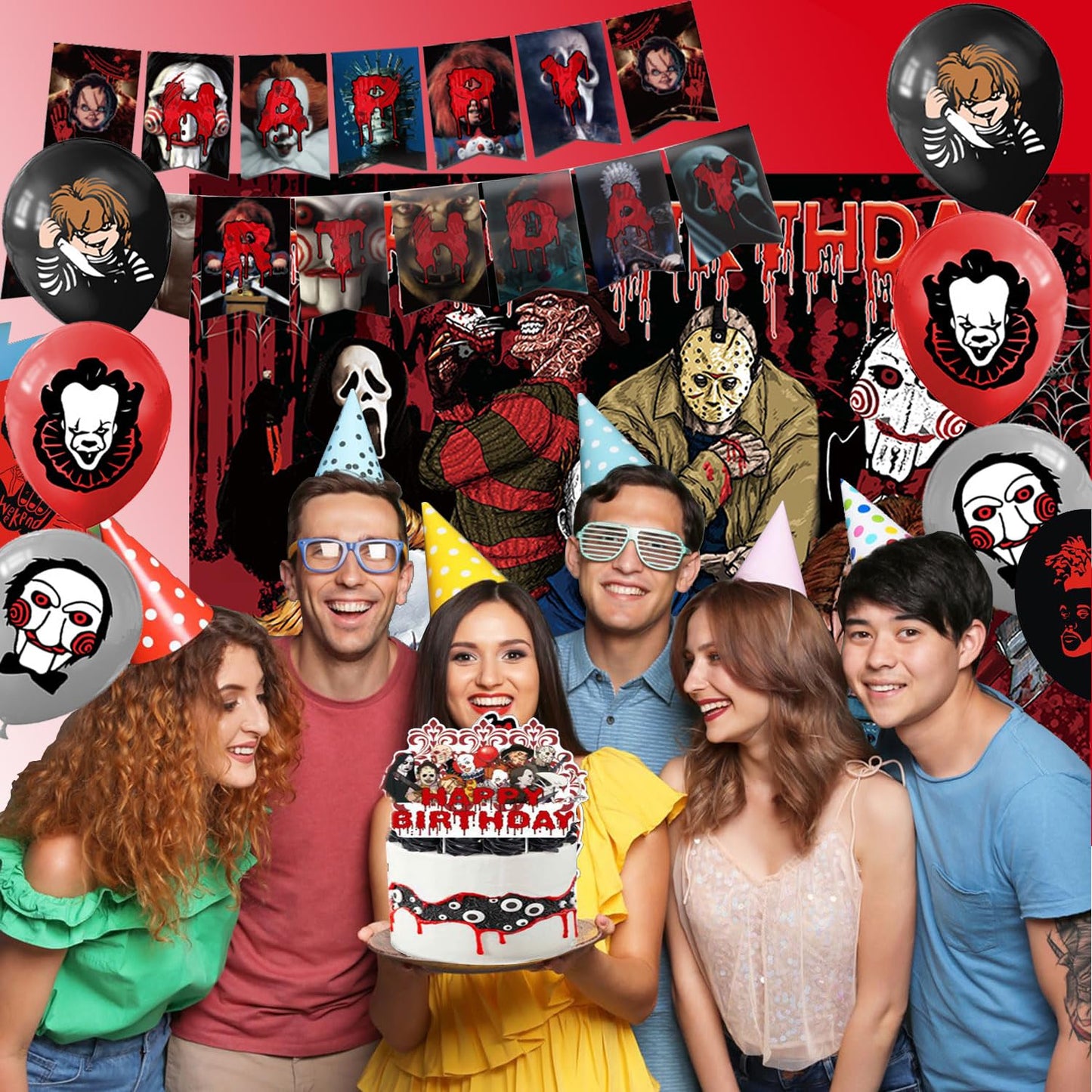 Taeku Horror Birthday Party Decorations – 50 Pcs Halloween Theme Kit with Banner, Balloons, Cake Toppers, Backdrop & Tablecloth – Scary Party Supplies for Kids & Adults