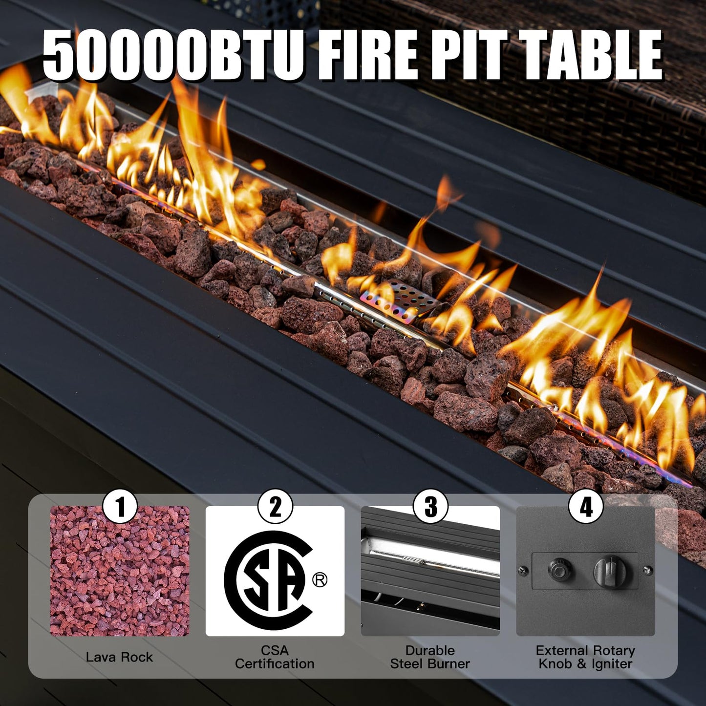 EcoNook 57 inch Propane Fire Pit Table,50000 BTU Gas Fire Pits Table with Lid & Lava Rock & Waterproof Cover, Outdoor Propane Firepit for Dining or Party, Outside, Patio, Garden, Yard