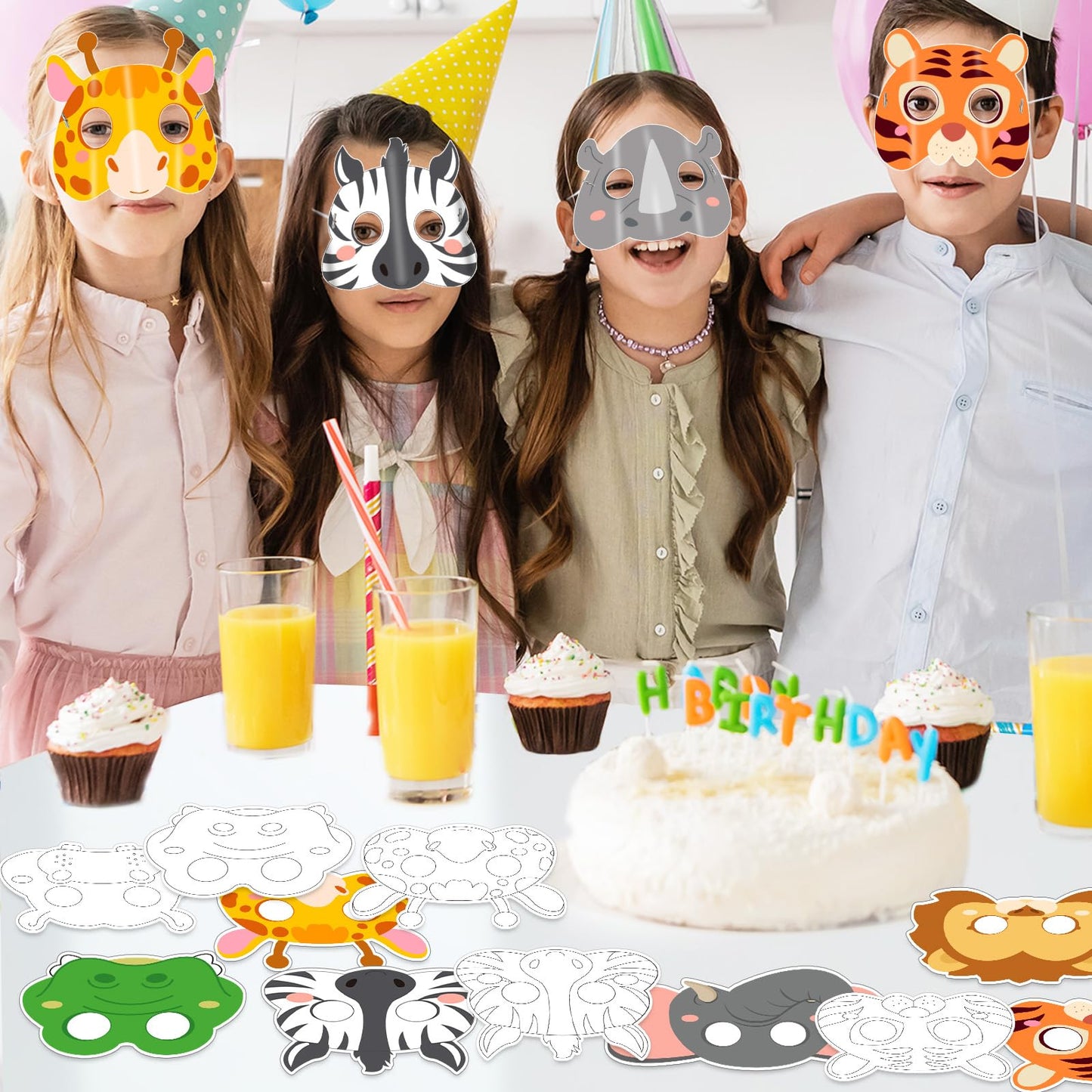 63Pcs Color Your Own Animal Masks Crafts for Kids DIY Paper Blank Jungle Animal Party Favors Lion Tiger Monkey Masks Making Kits with Ropes for School Class Activities Birthday Party Supplies