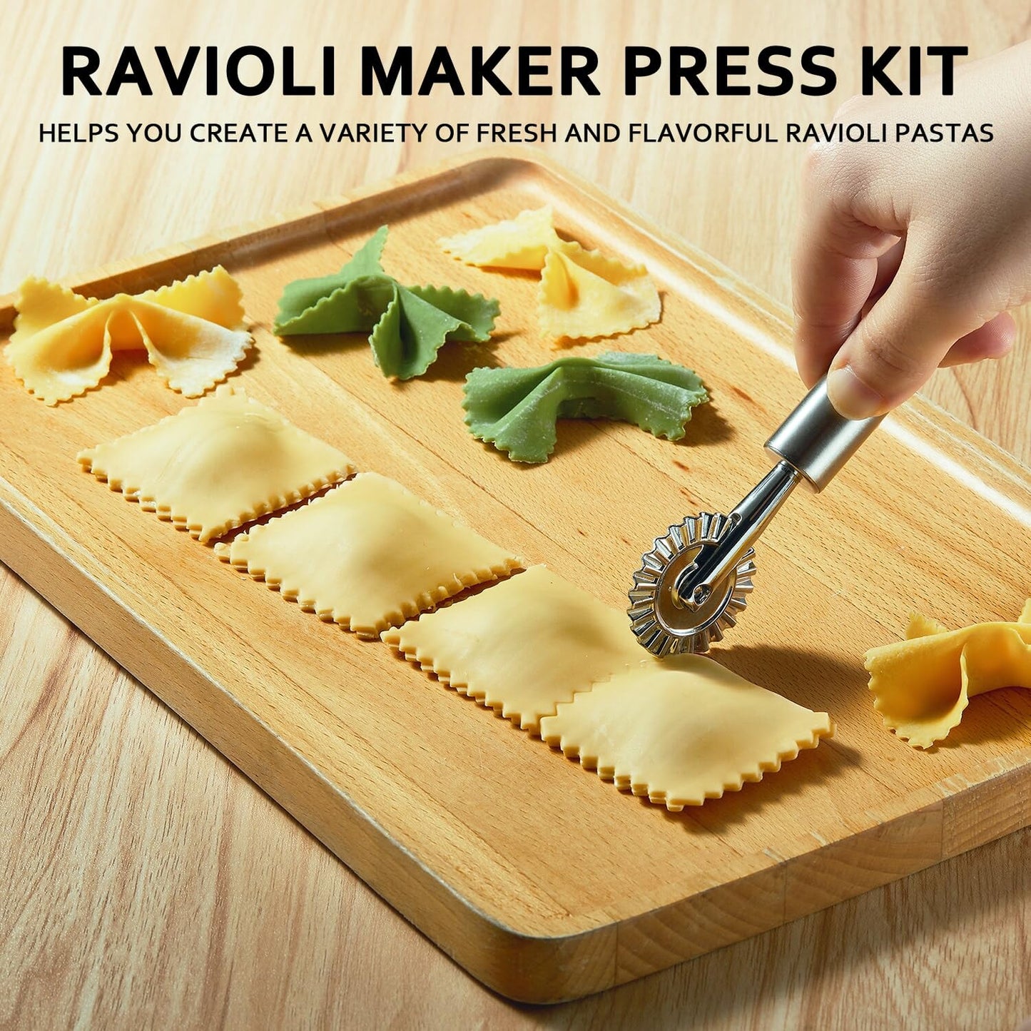 MUMSUNG Ravioli Maker Press, Ravioli Press Mold Set - Round, Heart, Square Ravioli Stamp Maker Cutter with Wood Rolling Pin, 2.6" Empanada Maker Press Kit and Ravioli Wheel 3 PCS