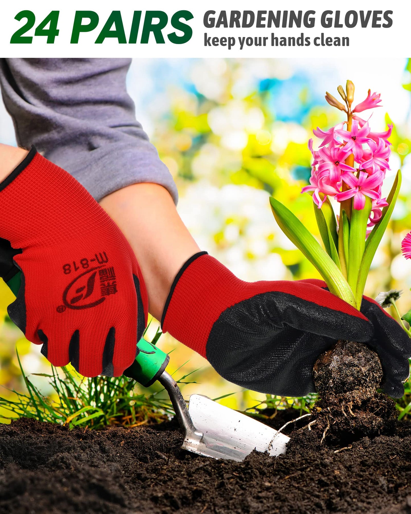 Nuogo 24 Pairs Gardening Gloves for Men Women Rubber Coated Landscaping Work Gloves Safety Work Construction(Black, Red)