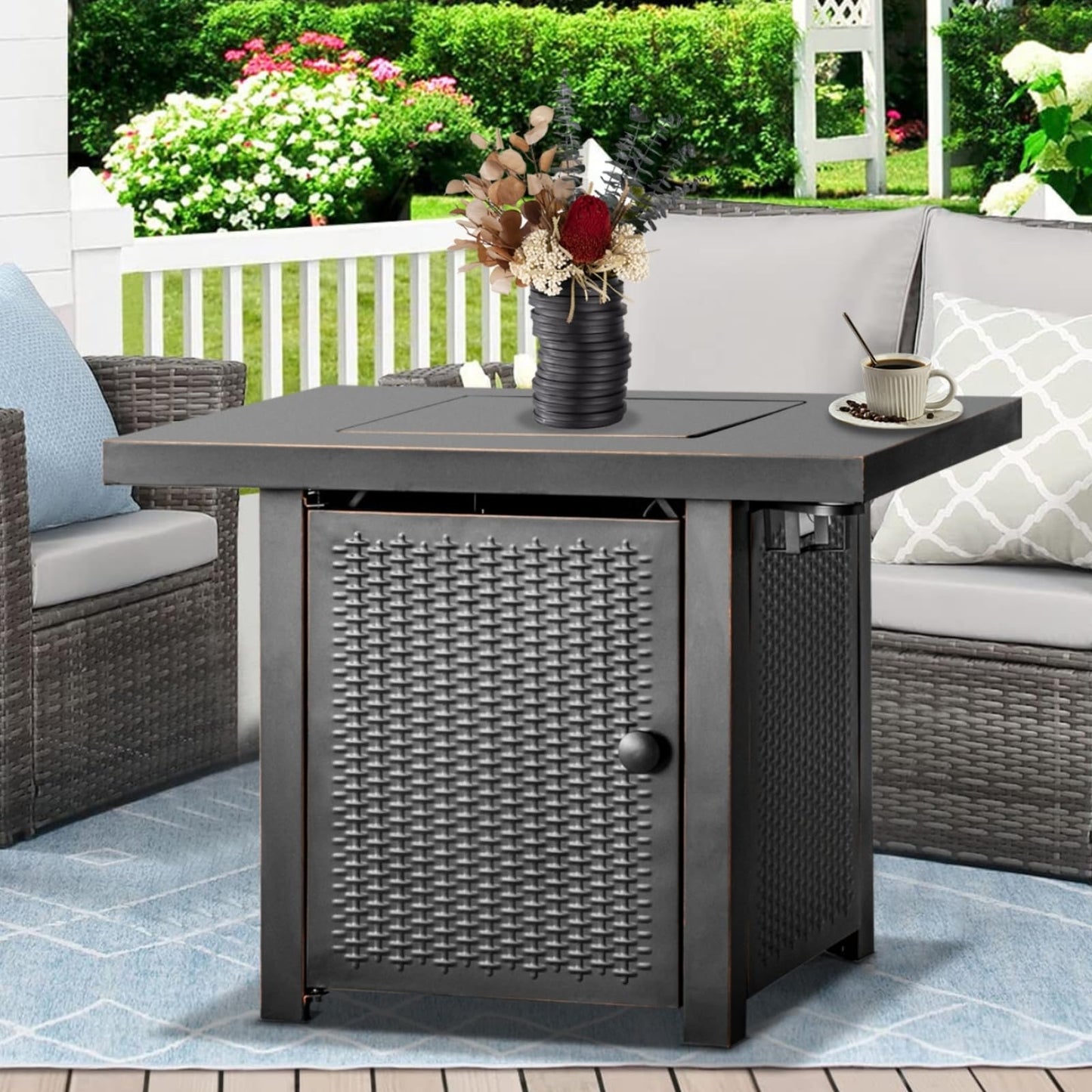 OutVue 32 Inch Propane Fire Pit Table, Outdoor Gas Fire Pits with 2 Drink Holders, Lid & Lava Rock, 50000 BTU Firepit Table for Dinning, Party in Outside, Patio, Garden or Yard