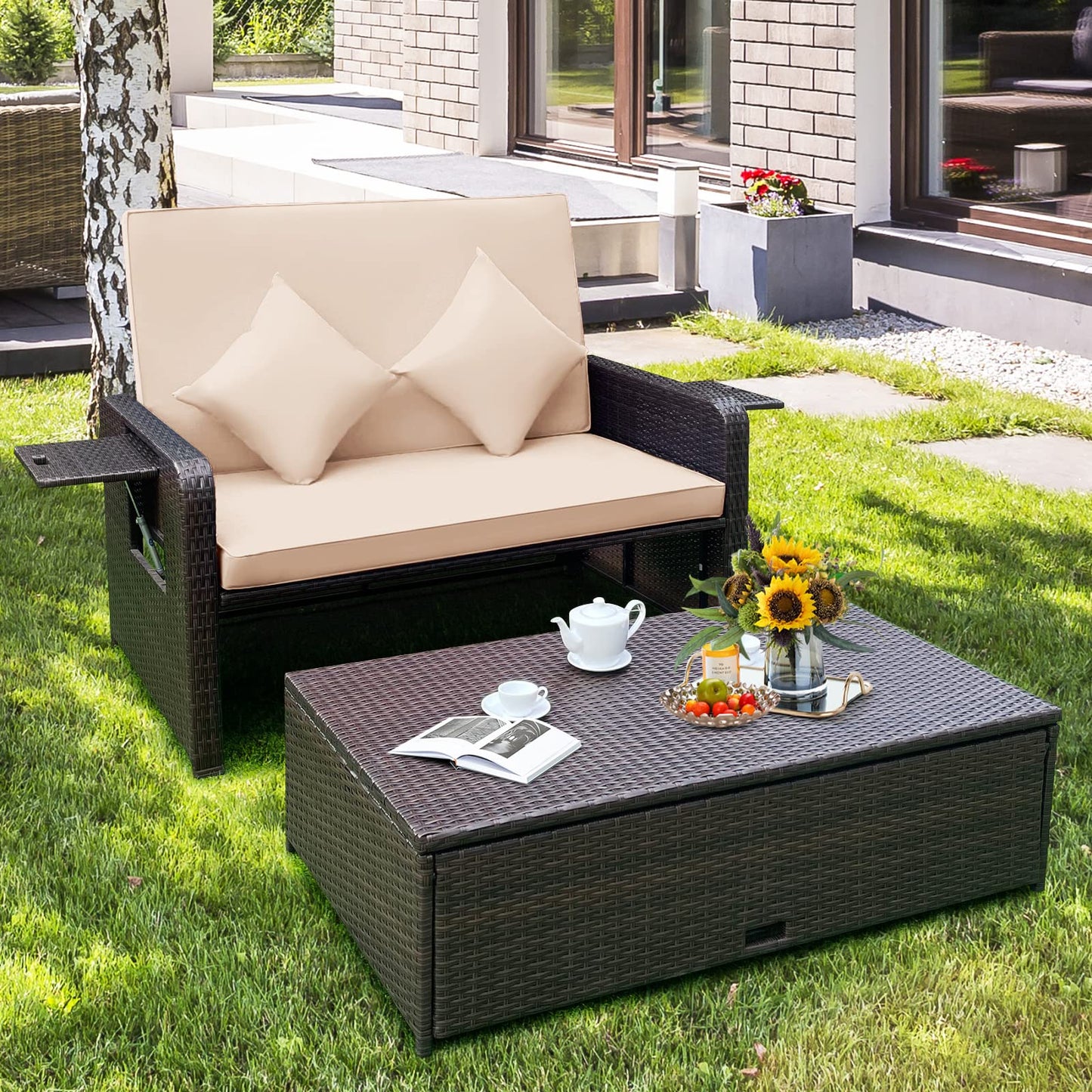 Tangkula Patio Rattan Daybed with 4-Level Adjustable Backrest, Outdoor PE Wicker Loveseat with Storage Ottoman & Folding Side Tray, Double Sunbed Lounger for Balcony, Backyard & Poolside