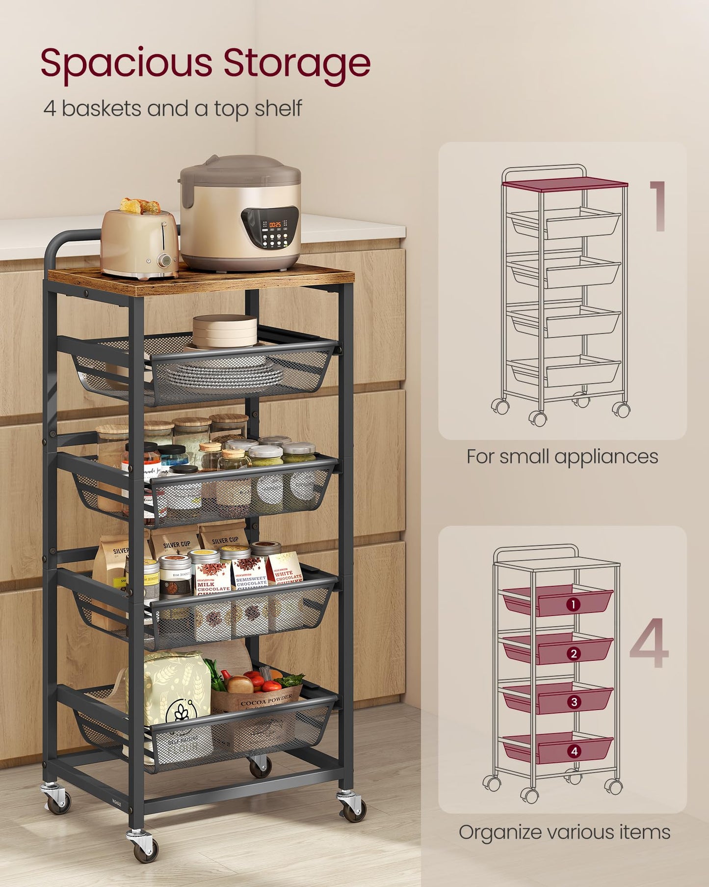 VASAGLE Storage Rolling Cart with Pull-Out Baskets, 5-Tier Utility Cart Orgnizer with Wheels for Laundry Room, Kitchen, Handle, 12.5 x 15.8 x 37.4 Inches, Rustic Brown and Ink Black ULRC041K01