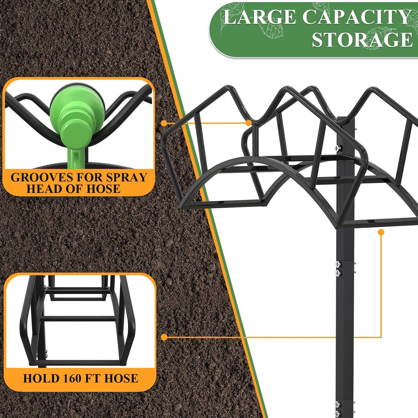 Qatsrin Super Stable Garden Hose Holder, Removable Water Hose Holders Stand Holds 150-Feet Hose, Detachable Hose Storage Hanger Rack for Outside Yard Lawn Farm, Black