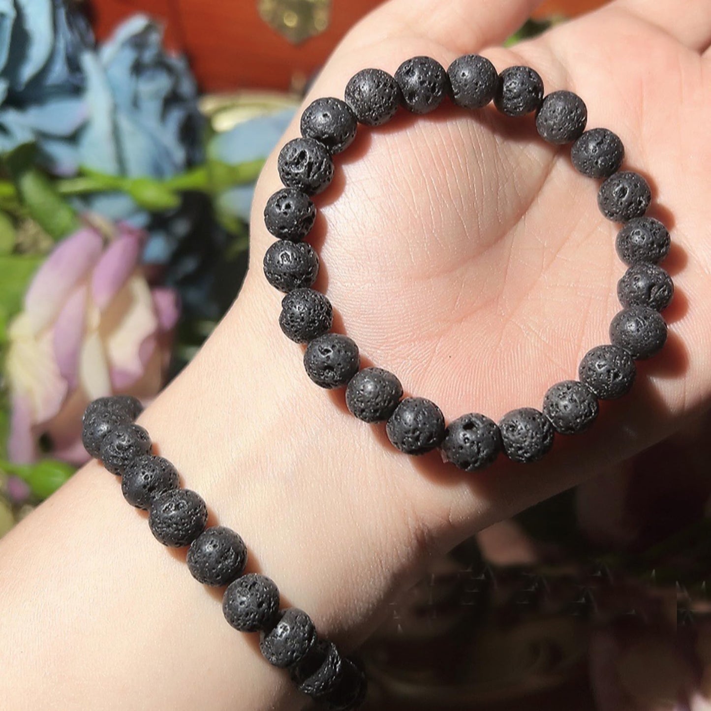 Cryhand Handmade 8mm Beaded Bracelets For Men Protection Bracelet For Women Chakra Feng Shui Stretchy Handmade Lucky Money Stretchy Crystal Bracelets Best Gifts (Lava 2PCS)