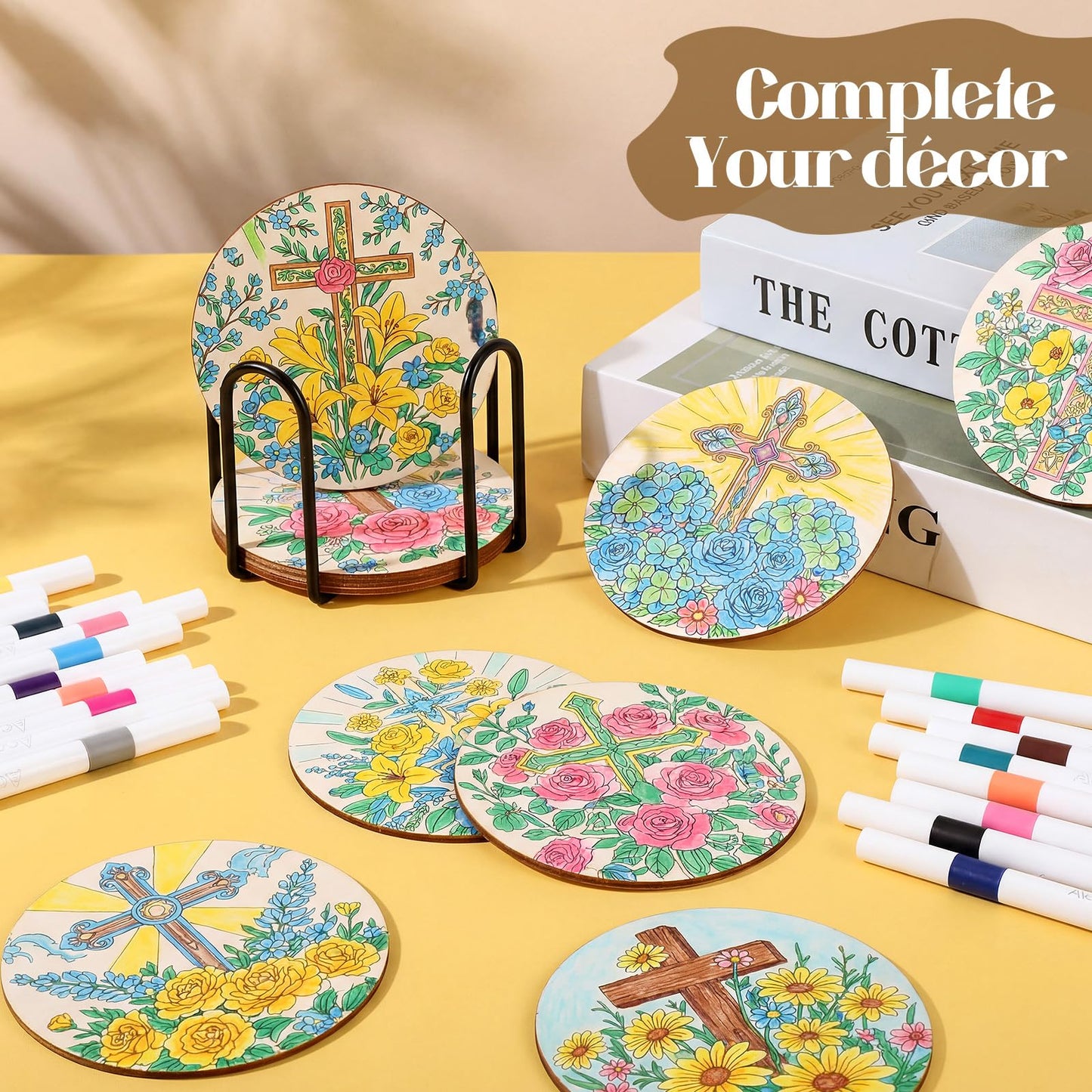Reallnaive 45 Pcs Cross Wooden Coasters Painting Kit, 4 Inch Paint Your Own Christian Coasters with Markers, Religious Easter Arts and Crafts for Adults Women Seniors Elderly Crafters Gifts