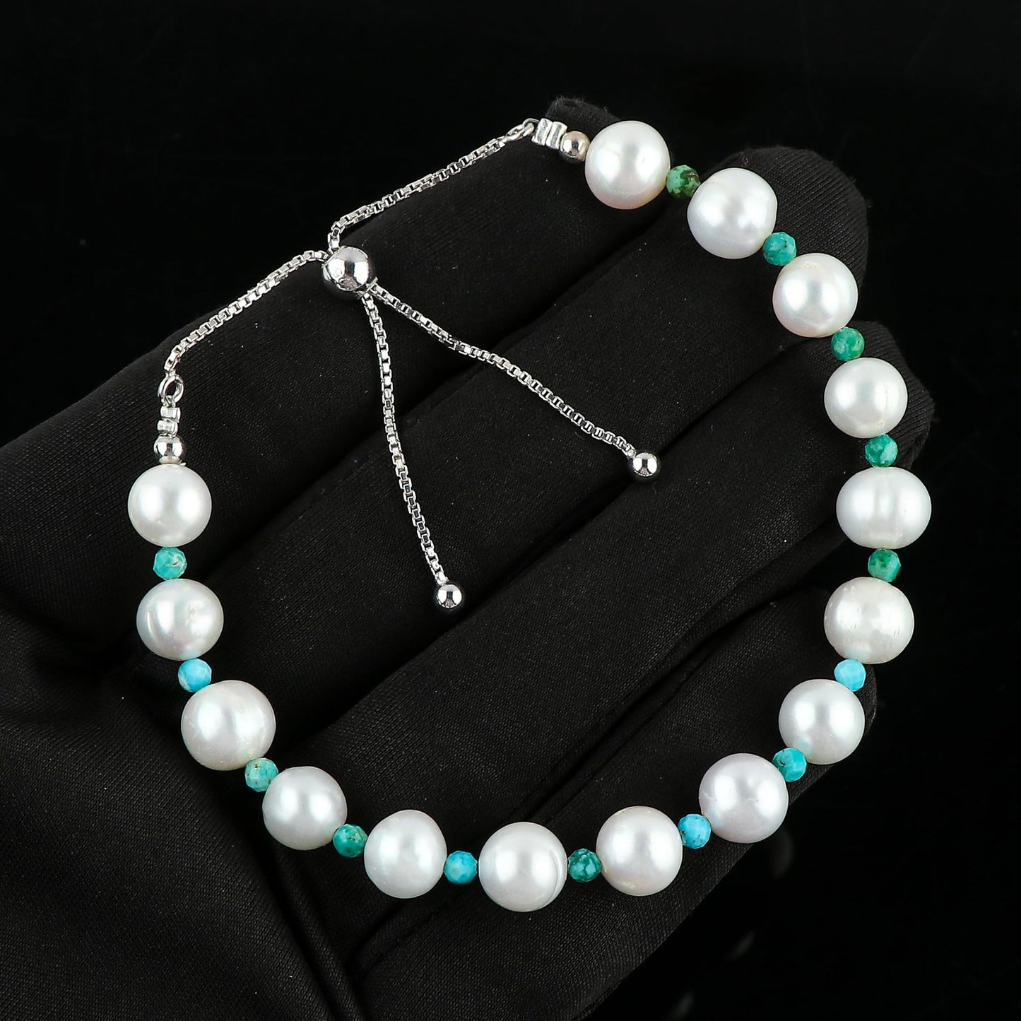 CRYSTALIS Natural Turquoise And Freshwater Pearl Beaded Bracelet, Elegant Beads Crystal, Chakra Bracelet, Healing Bracelet, Gemstone Jewelry, Friendship Bracelet, 925 Sterling Silver Slider 10 inch