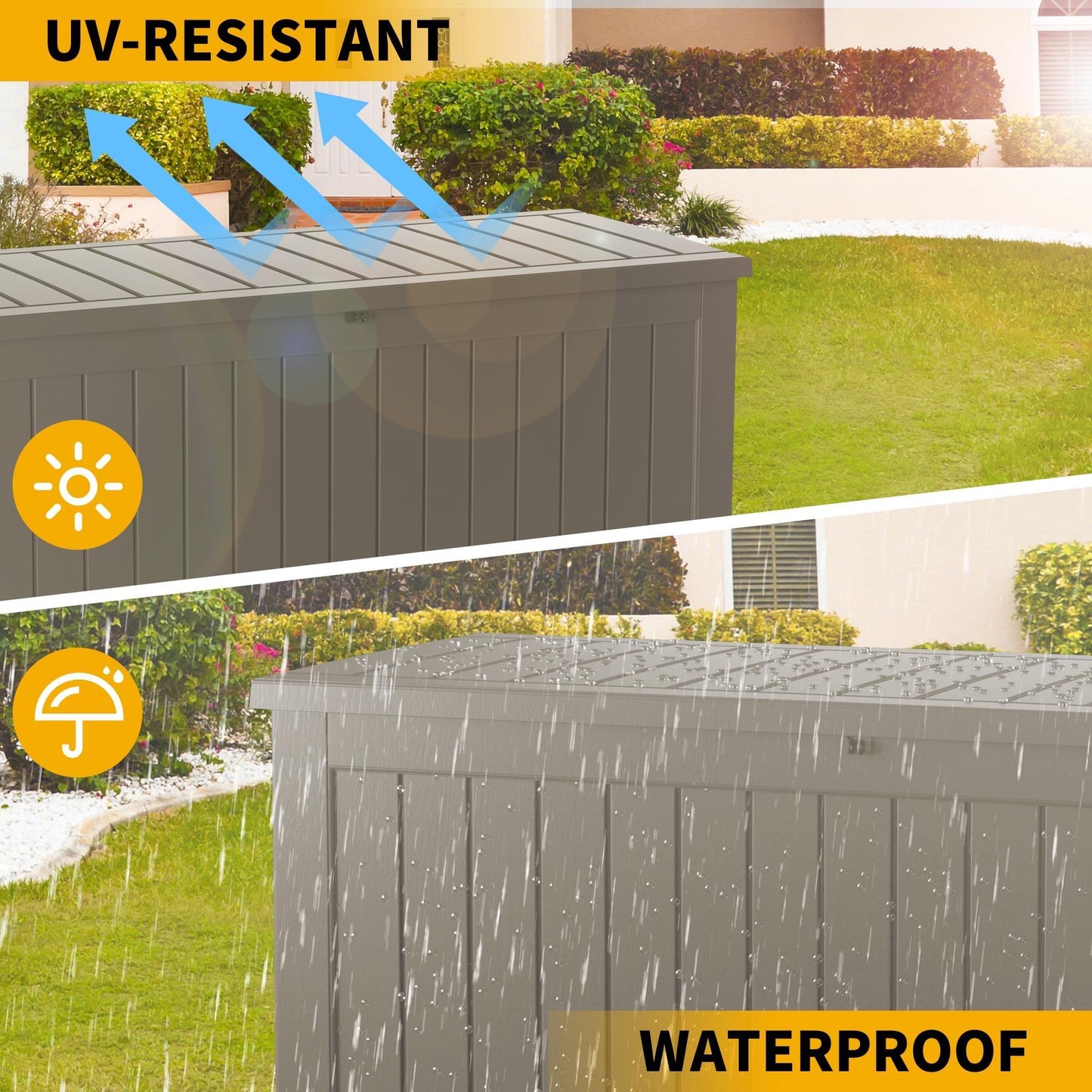 PATIOEASY Outdoor Storage Box 275GAL Waterproof Resin Deck Box,Pool Accessories Supplies，UV-Resistant Lockable Package Delivery Bin for Garden Tools,Large Patio Outside Cushions,Chest,Furniture,Grey