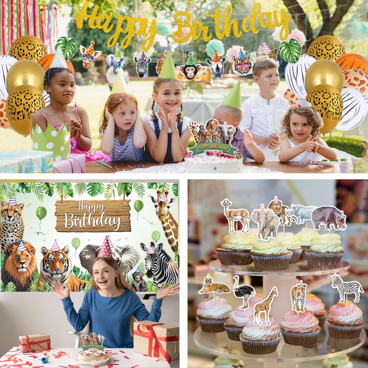 Roetyce Safari Animals Birthday Party Decorations, Jungle Wild Animals Happy Birthday Banner Balloons Hanging Swirls Cake Topper Kit, Safari Themed Birthday for Kids Photo Background Backdrop