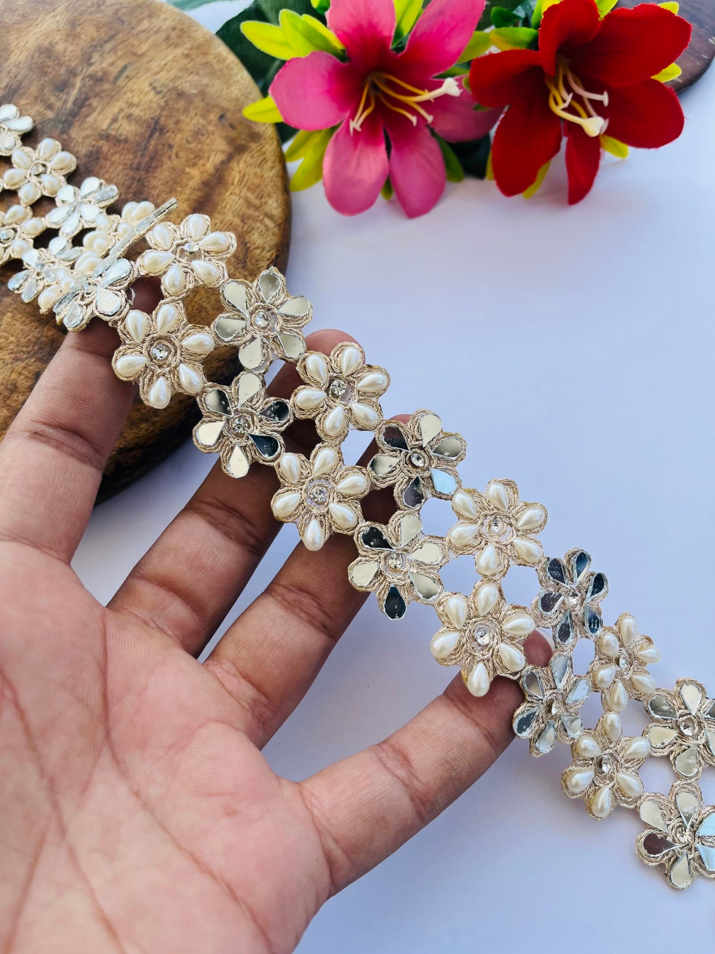 PIYUCRAFTS 1.5 Inch Mirror Pearls Flower Design Trim – Available in 1, 3, 6 Yards – Decorative Lace Border for Sarees, Dresses, DIY Crafts, Wedding Decor, Home Embellishment (1)