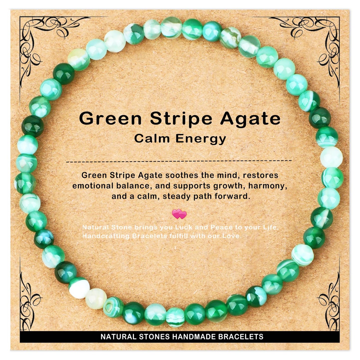 AD Beads 4mm Handmade Green Stripe Agate Elastic Bracelet – Natural Gemstone for Calm energy – Meditation, Yoga, Healing and Energy Gift for Men Women
