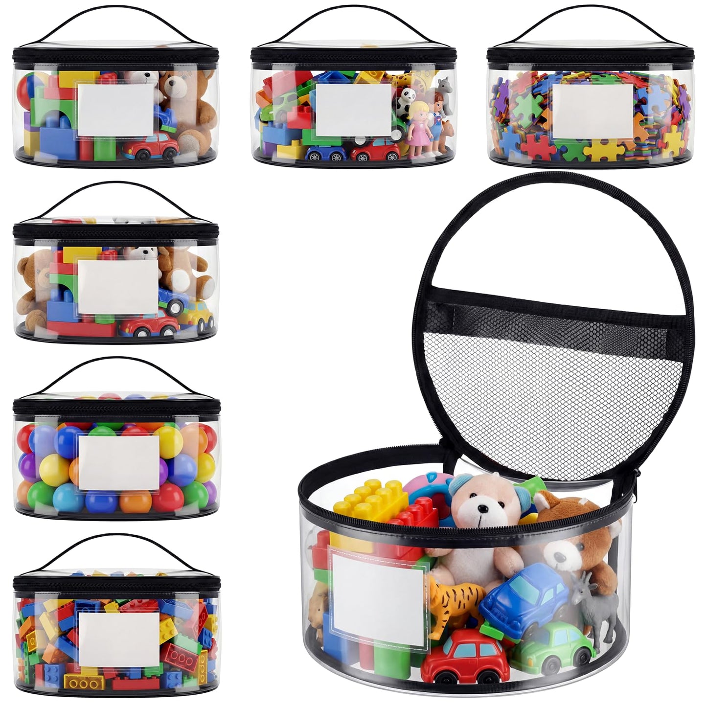 Sunnymove 6 Pcs Round Clear Toy Storage Bag with Handle PVC Cylinder Storage Bags with Label Pocket Waterproof Toys Organizer Bags for Building Blocks Puzzles & Game Pieces Portable Toy Tote