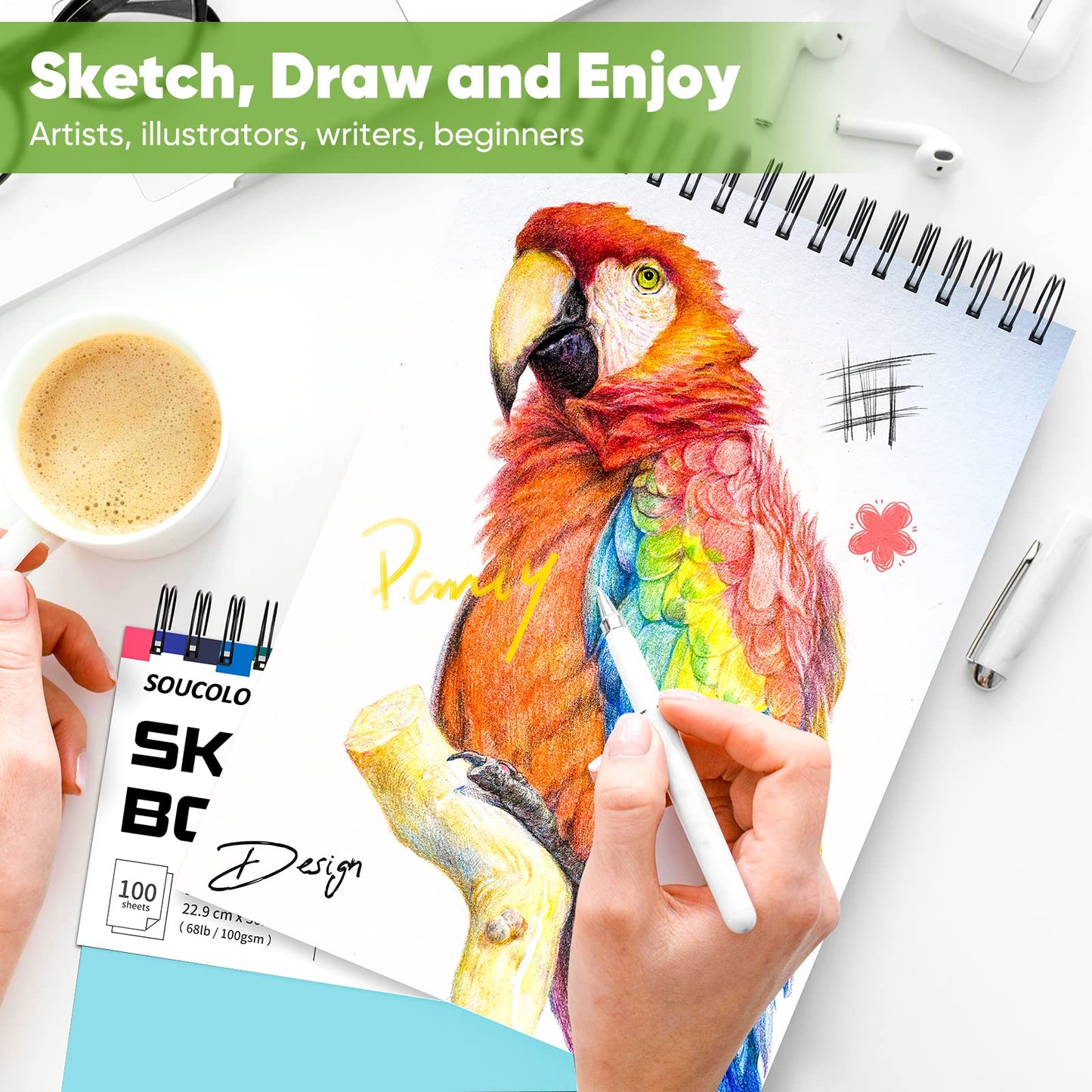 Soucolor Art Supplies Sketching Kit with 100 Sheets 2 Pack Sketchbook, Girl Gifts, Arts and Crafts for Kids Ages 8-12, School Supplies 9x12 Sketch Book Gifts for Kids Teens（Blue and Pink ）