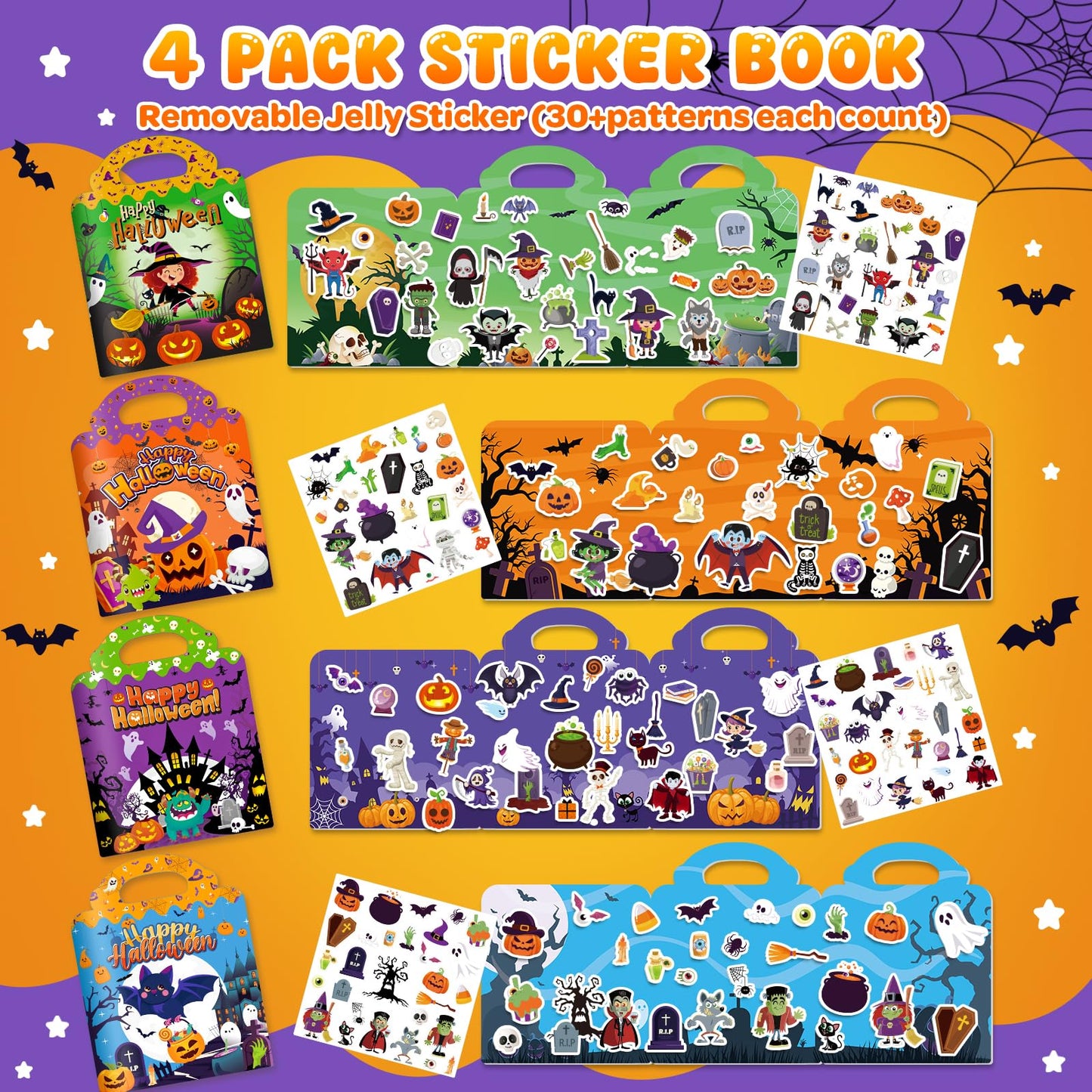 4 Sets Halloween Reusable Sticker Books for Toddlers 1-3, Arts Crafts for Toddler 3-5, Activity Books for Kids 2-4, Toddler Toys Holiday Gifts Travel Toys Boo Basket Stuffers for Girls Boys