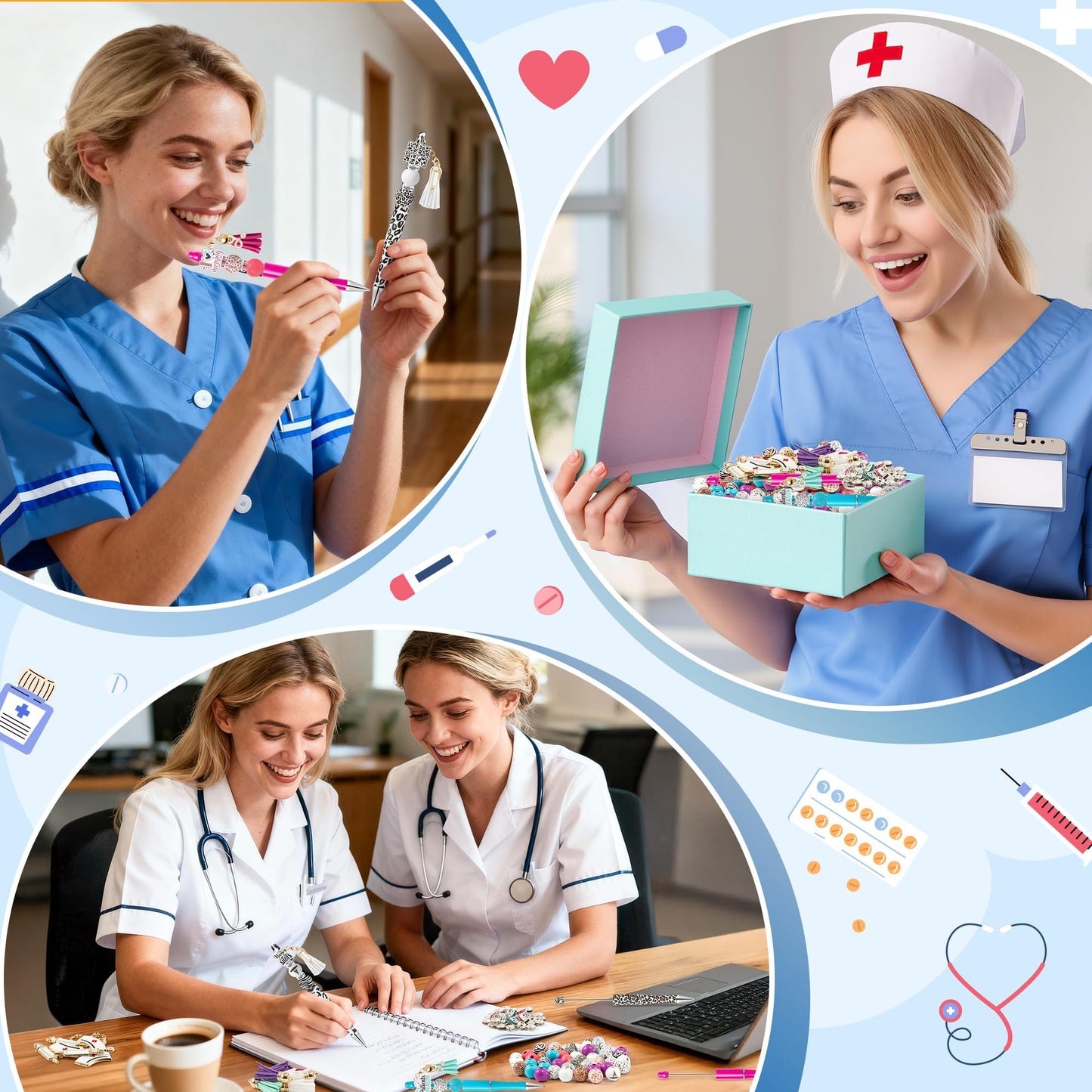 COcnny Nurse Beadable Pens for Women - 12 Set Nursing DIY Ballpoint Craft Making Kit with Bead Craft, Leopard Beaded Pen Bulk Charm Tassel Supplies for Nurse Week Hospital Appreciation Gift
