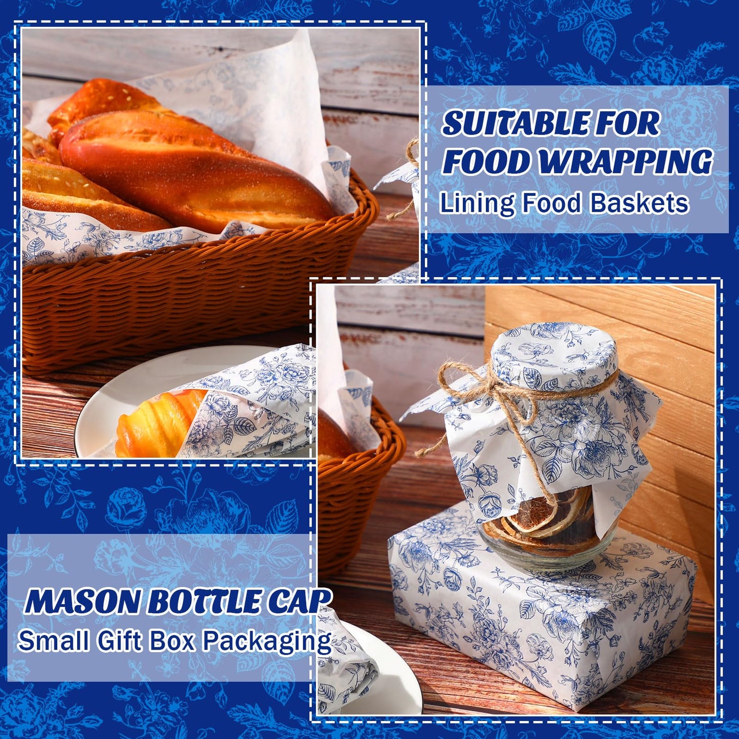 Marspark 100 Sheets Blue Floral Wax Paper for Food Wrapping 11.4 x 11 Inches Spring Floral Food Basket Parchment Paper for Picnic Wedding Candy Cookies Baking Sandwich Burgers Greaseproof Wrapping