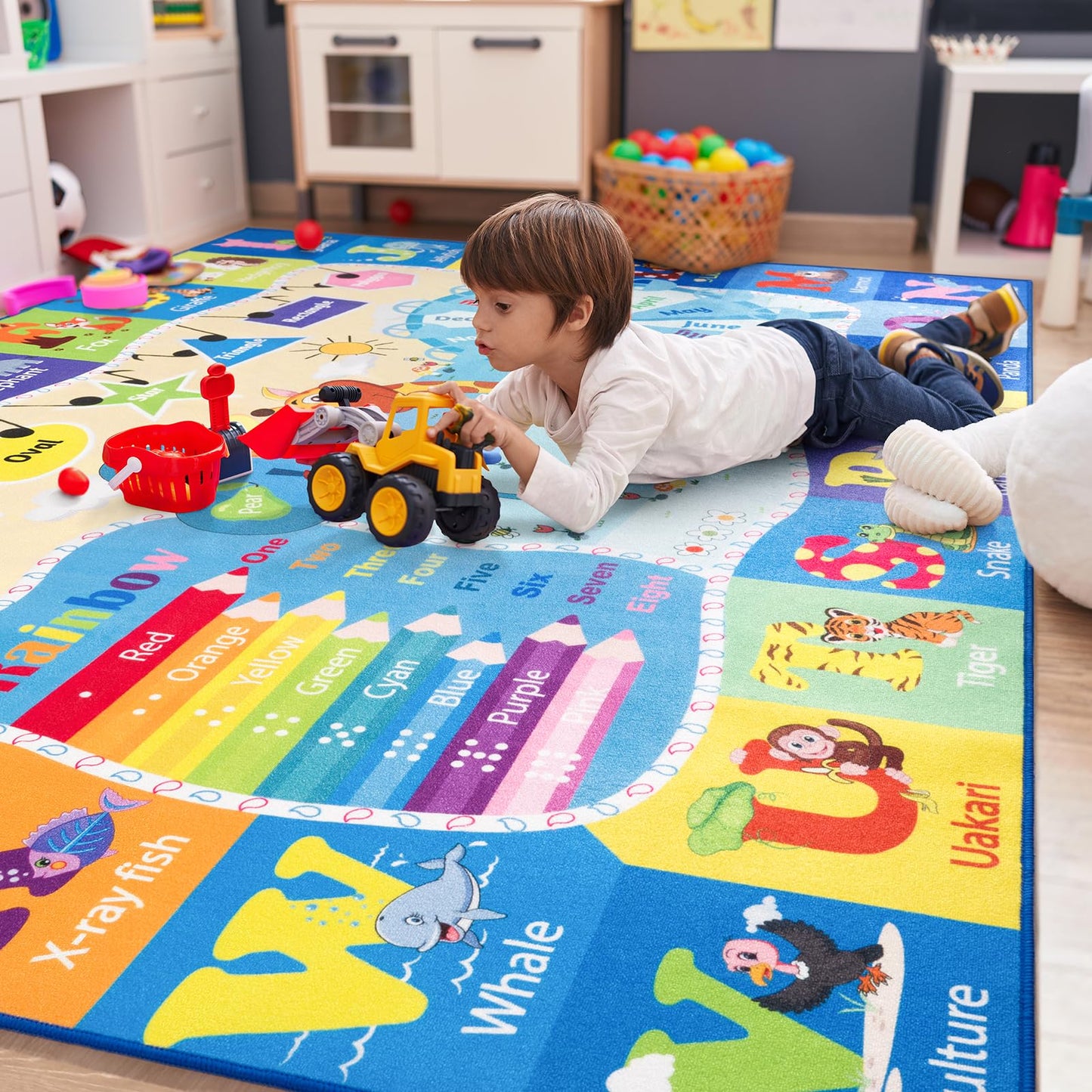 B BENRON 4x6 Playroom Rugs for Kids Washable, Educational and Fun Playmat with ABC Alphabet Animals Shapes Colors, Non-Slip Play Mat Learning Rugs for Baby Toddler Children Game Activity, Blue