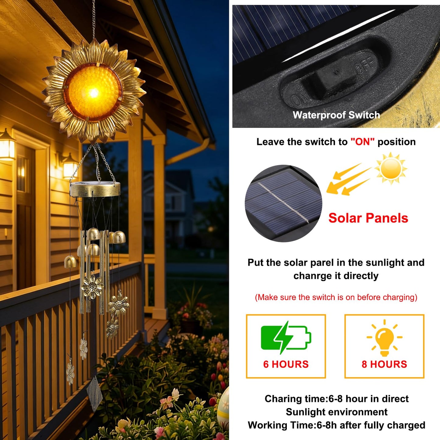 LOVERUIS Sunflower Solar Wind Chimes-Solar Lights Outdoor with Wind Chimes, Sunflower Gifts for Women Mom Grandma, Garden Decor for Patio Yard Pathway, Hanging Solar Lantern Wind Chimes