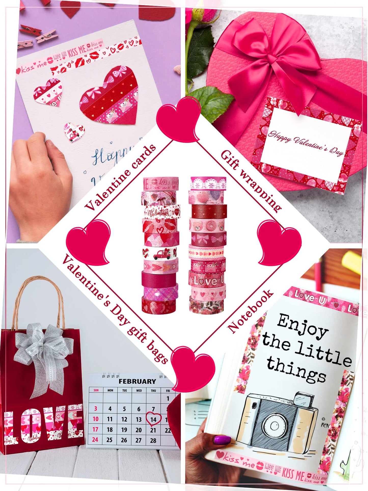 20 Rolls Valentine Washi Tape Set Heart Holiday Love Pink Masking Tape Paper Supplies for DIY Crafts Wrapping Scrapbook Party Favors