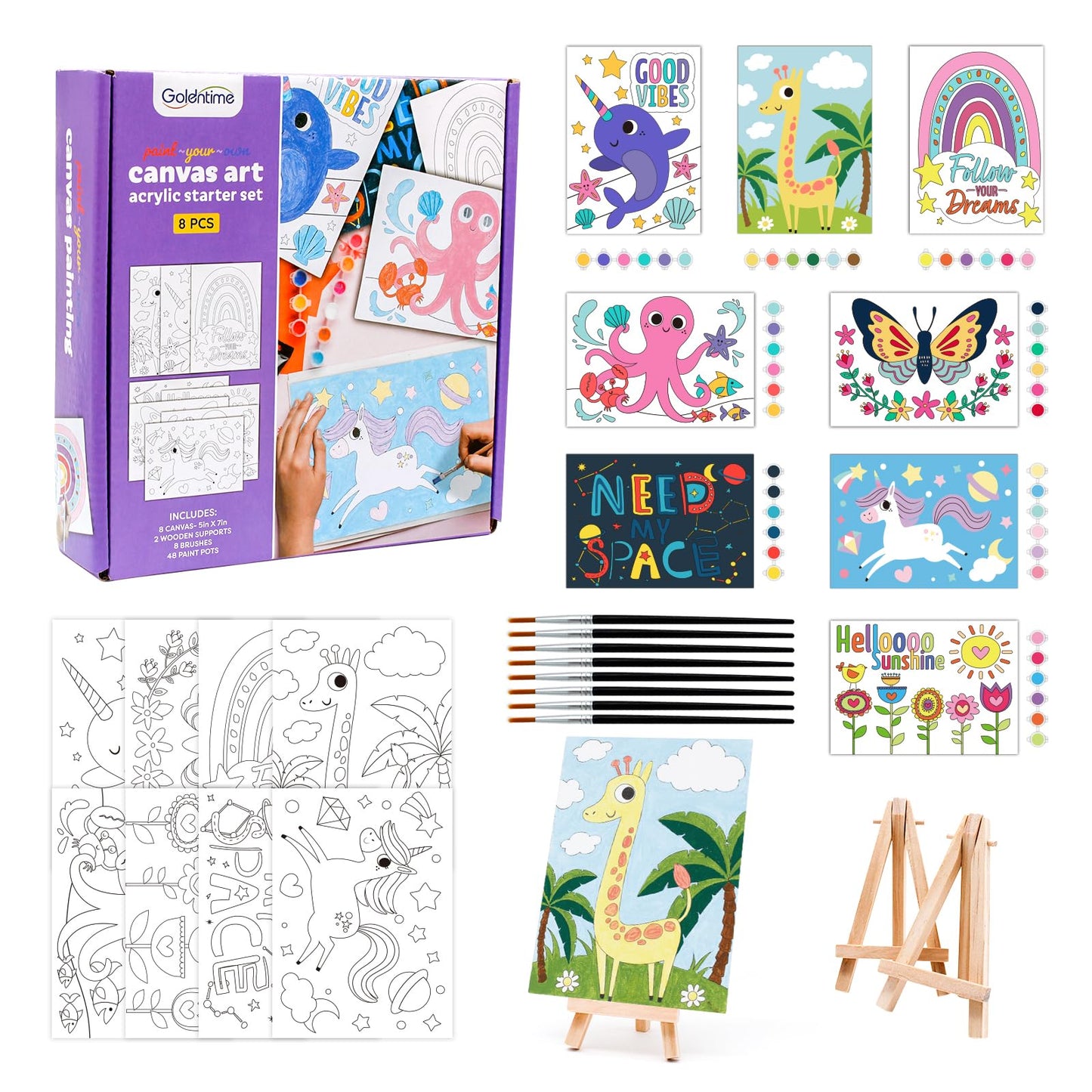 goldentime 8 Packs 5x7 Pre Drawn Canvas Set,Paint by Numbers for Kids,48 Paints 8 Brushes 2 Easels,Pre-Printed Acrylic Oil Painting Kit Ages 8-12 9-12 4-8