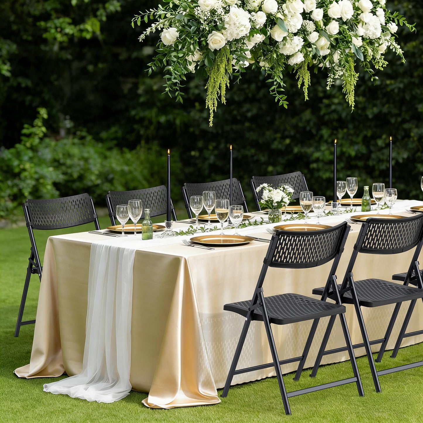 FurniEdge Black Folding Chairs 4-Pack, Breathable Plastic for Card Tables & Indoor Outdoor, Easy-Clean & Supports 400 Lbs