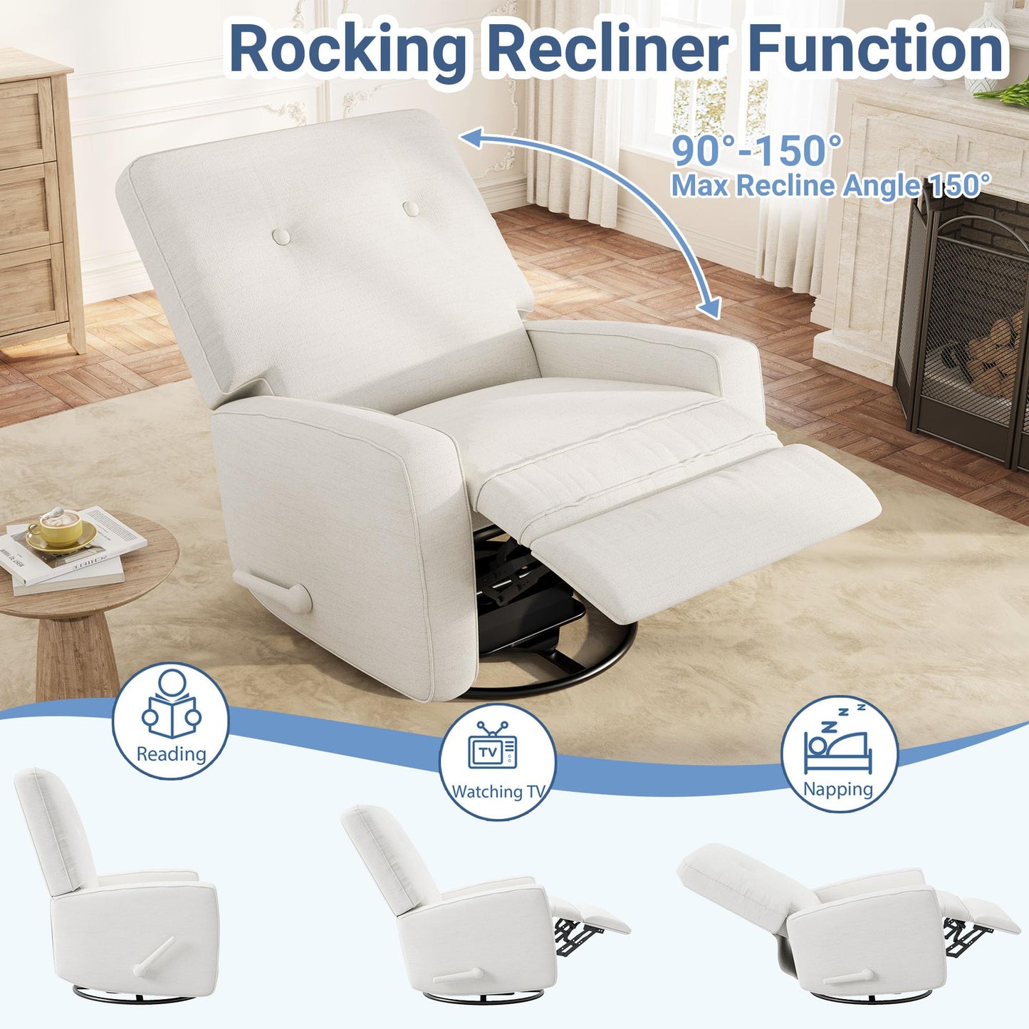 GarveeHome Recliner Chairs, Swivel Rocker Recliner, Glider Recliner Nursery Chair, Recliner Chair for Adults, 360°Swivel Glider Rocking Chair for Living Room, Bedroom, Office, Linen, White