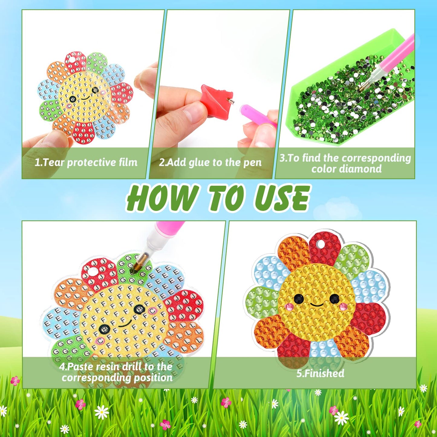 Inbagi 20 Pcs Summer Diamond Painting Keychain Kits 5d DIY Summer Diamond Art Animal Bee Frog Sun Ornaments Hanging Crafts for Family Decor Seasonal Gifts